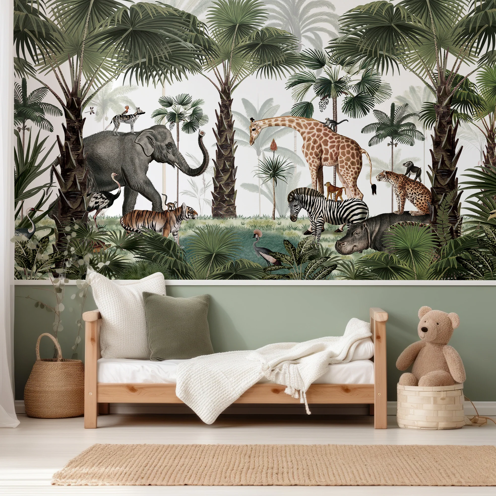 Animal Kingdom - Animals in the Jungle Green Watercolour Children's Wallpaper Mural - Image 3