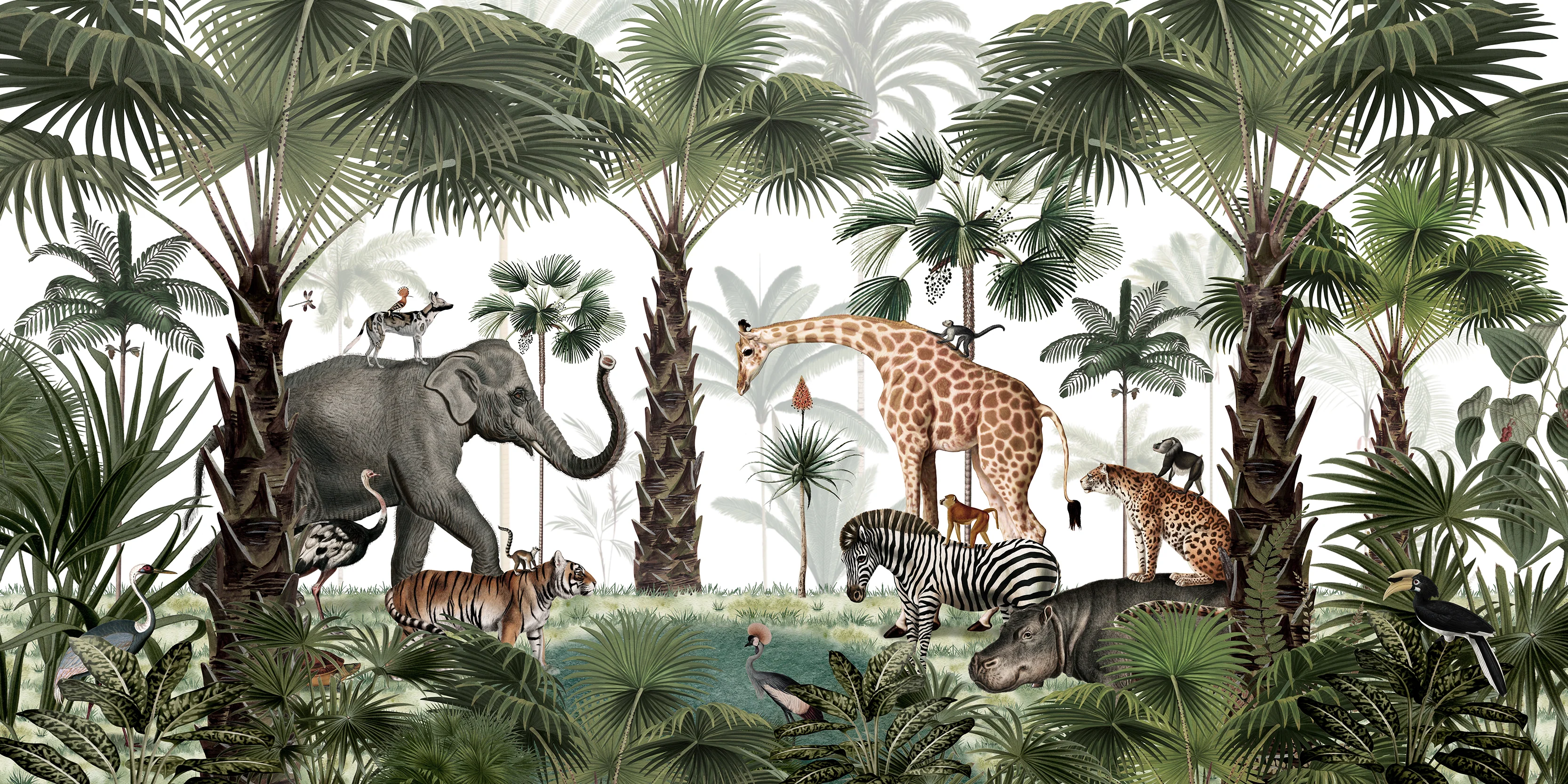 Animal Kingdom - Animals in the Jungle Green Watercolour Children's Wallpaper Mural - Image 4