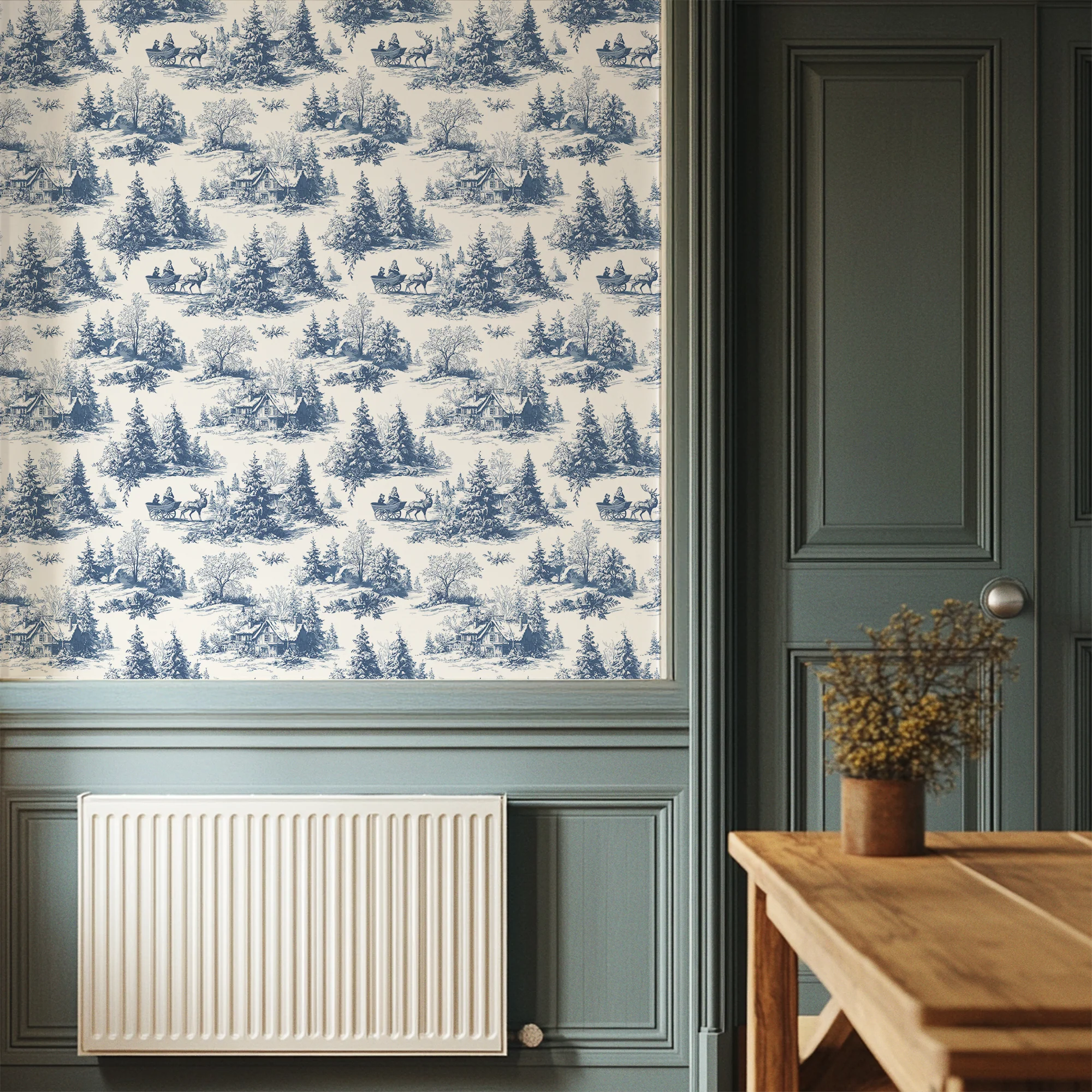 Beth - Classic Blue Toile Winter Village Snow Scene Pattern Wallpaper Mural - Image 4