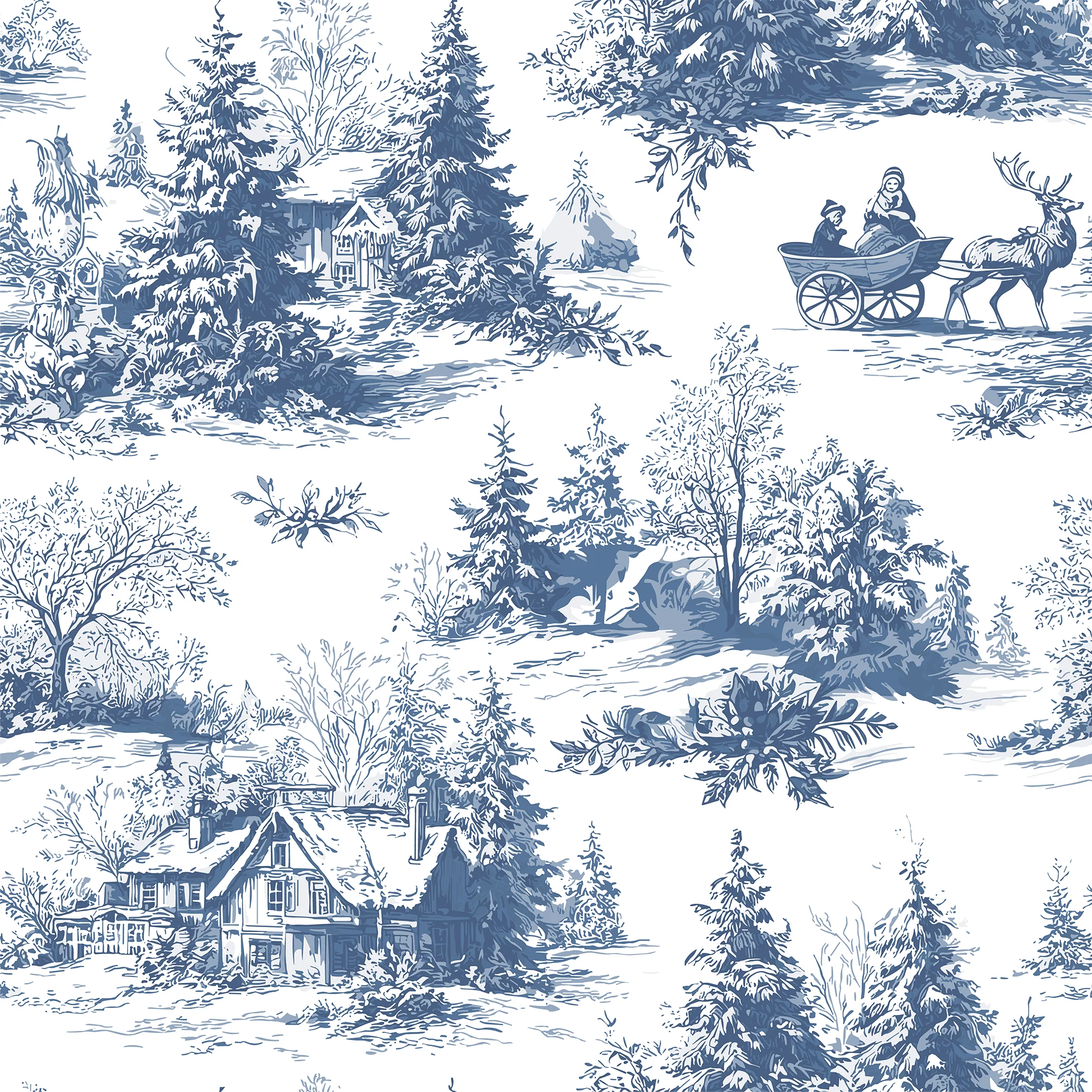 Beth - Classic Blue Toile Winter Village Snow Scene Pattern Wallpaper Mural - Image 6