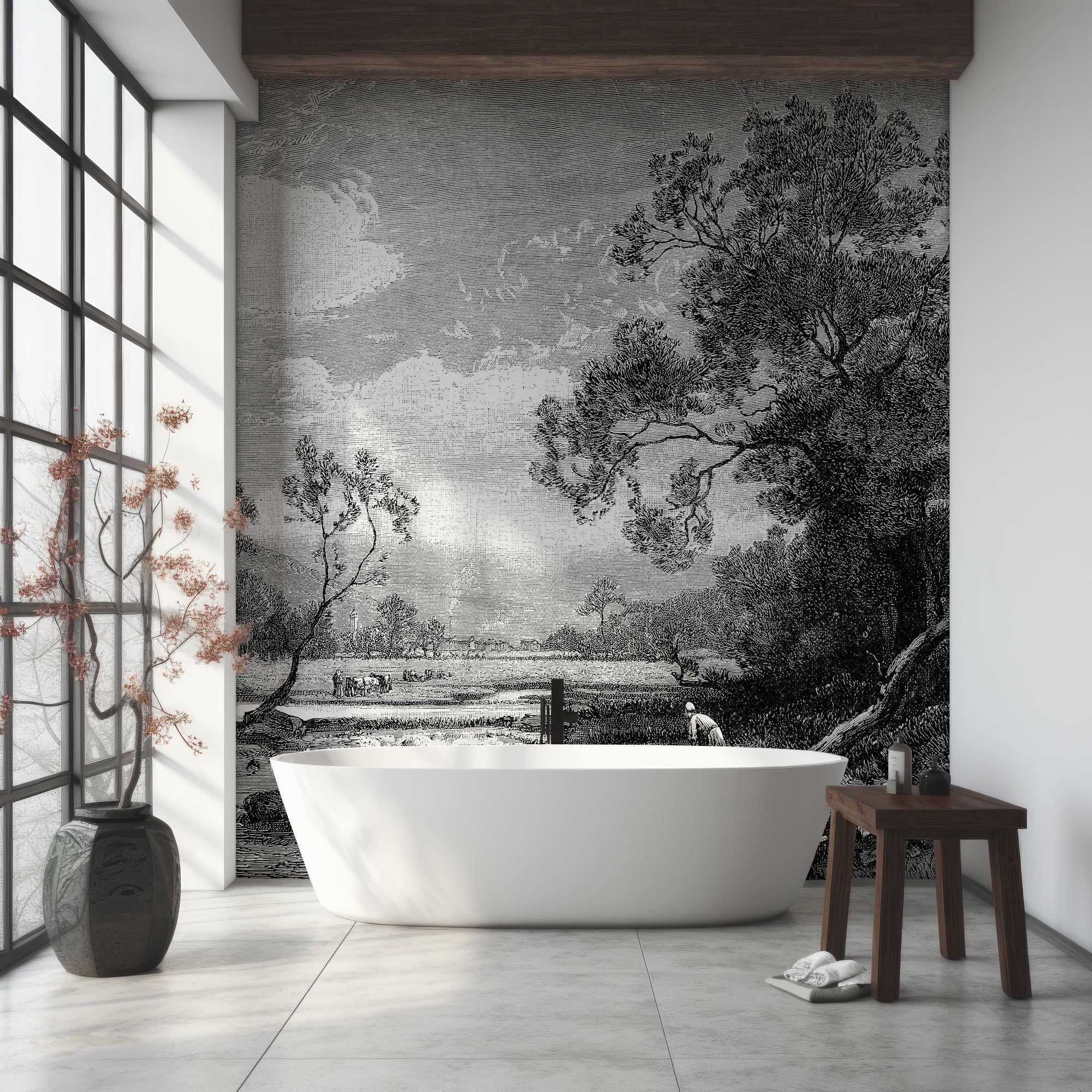 Tanetrict - Black and White Etched Countryside River Bank Mural - Image 3