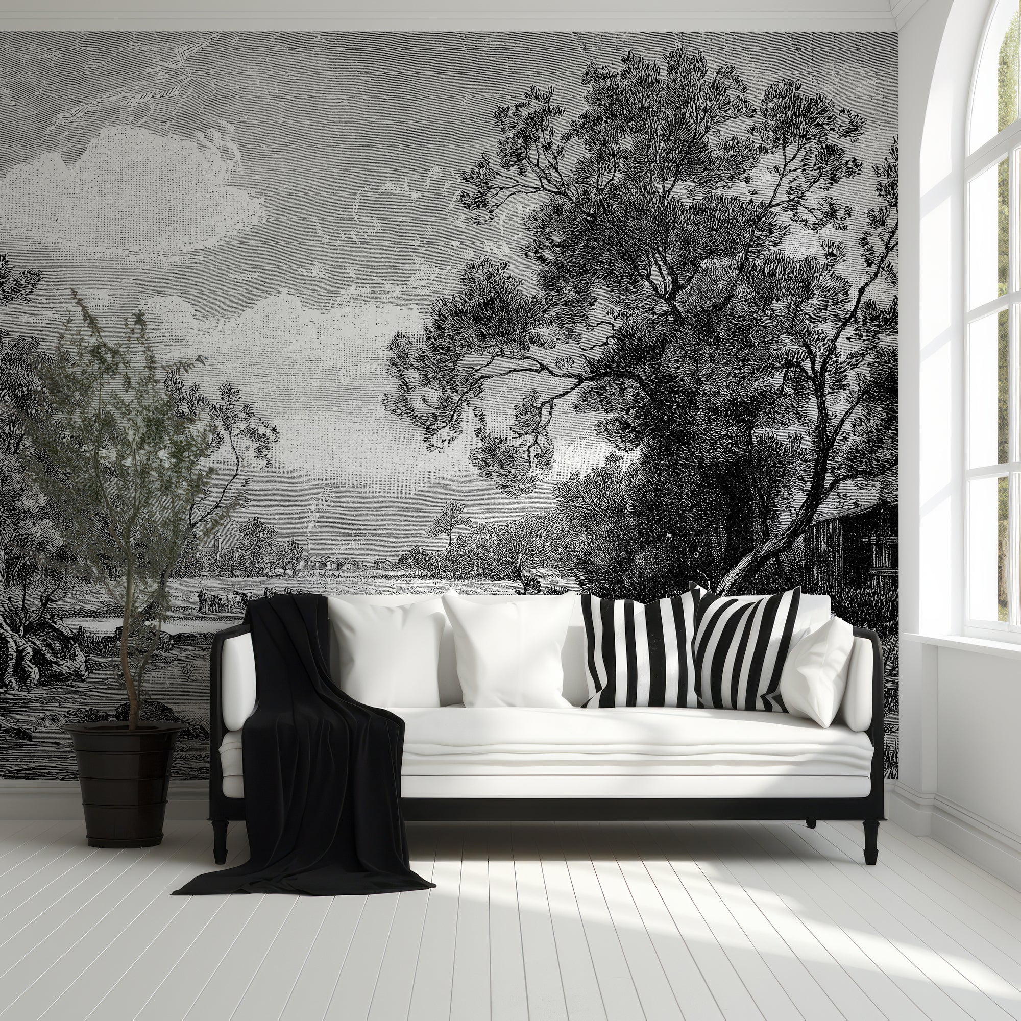 Tanetrict - Black and White Etched Countryside River Bank Mural - Image 4