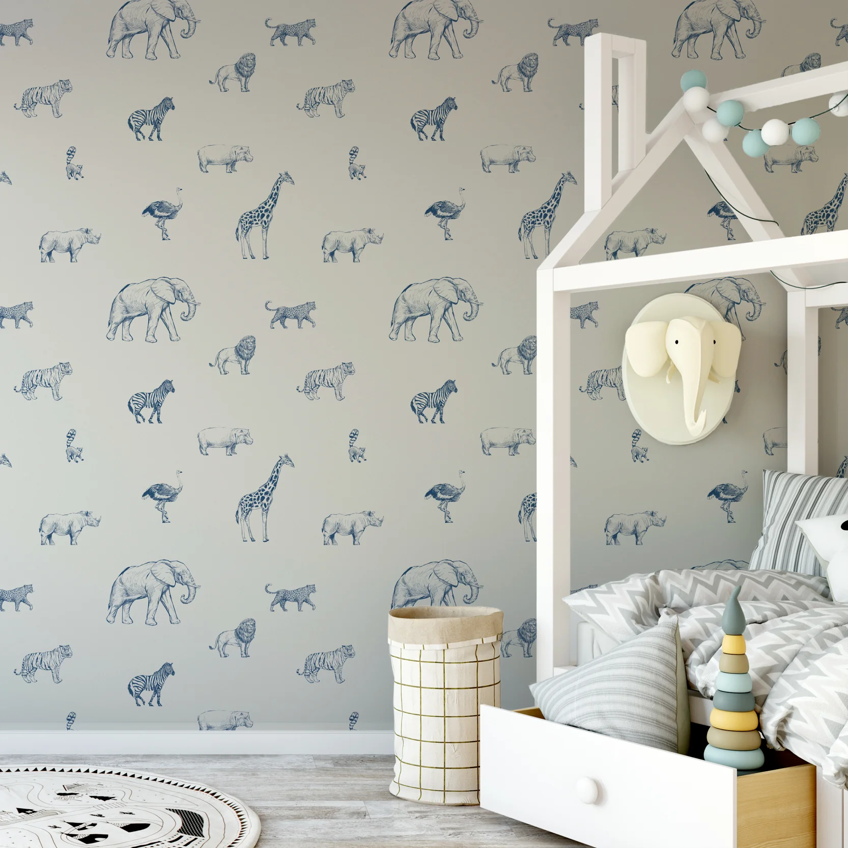 Safari Sketchbook Bluu - Blue & Cream Sketched Safari Animals Wallpaper - Image 3