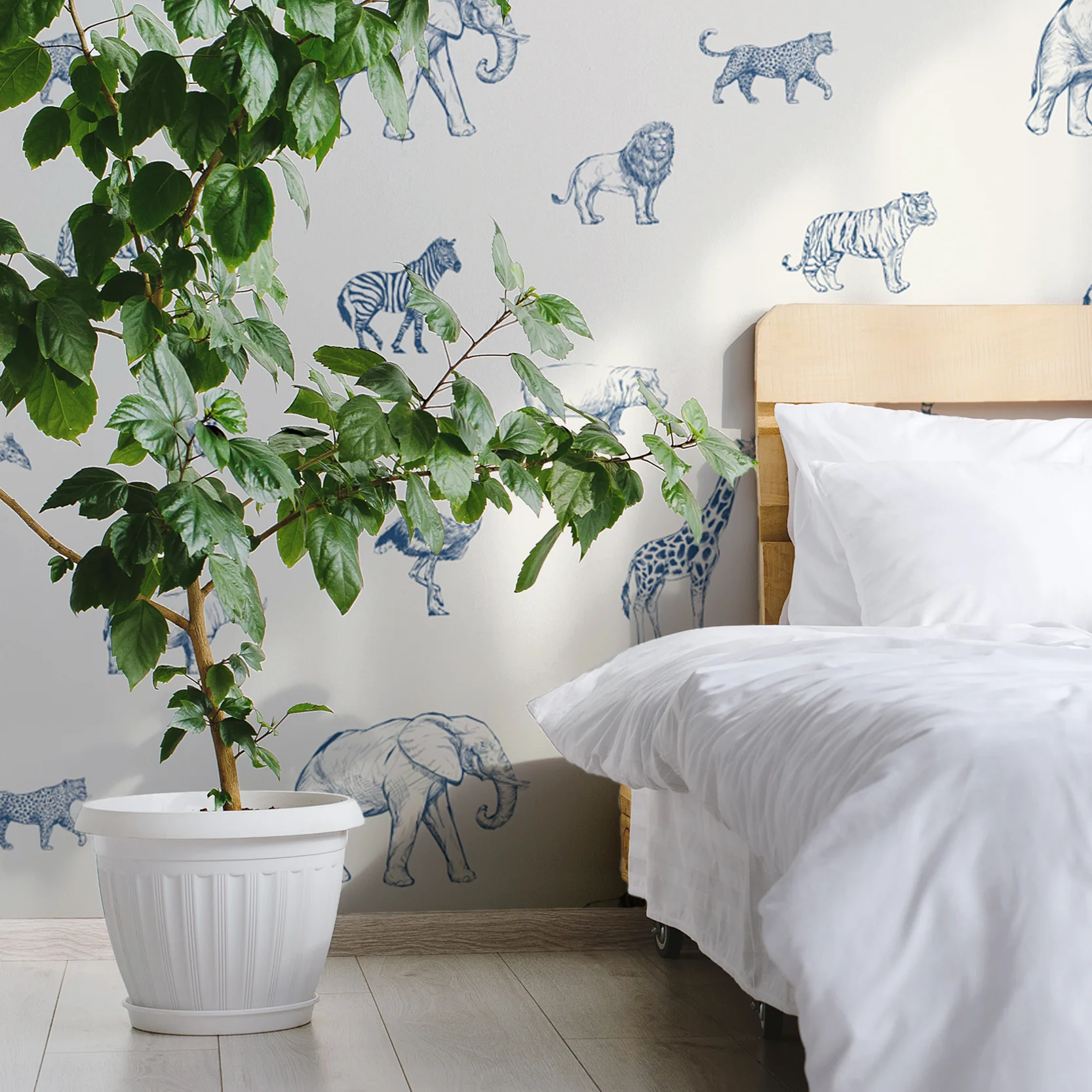 Safari Sketchbook Bluu - Blue & Cream Sketched Safari Animals Wallpaper - Image 5