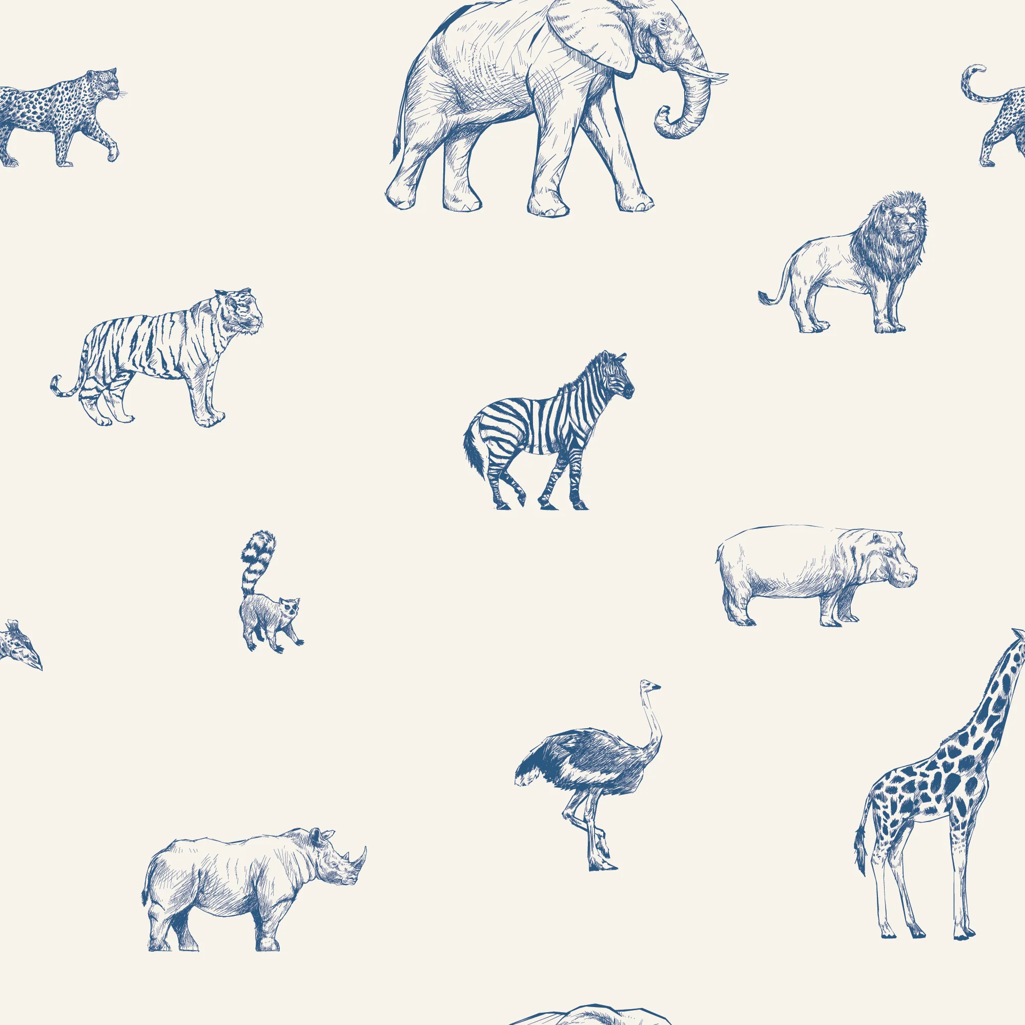 Safari Sketchbook Bluu - Blue & Cream Sketched Safari Animals Wallpaper - Image 6
