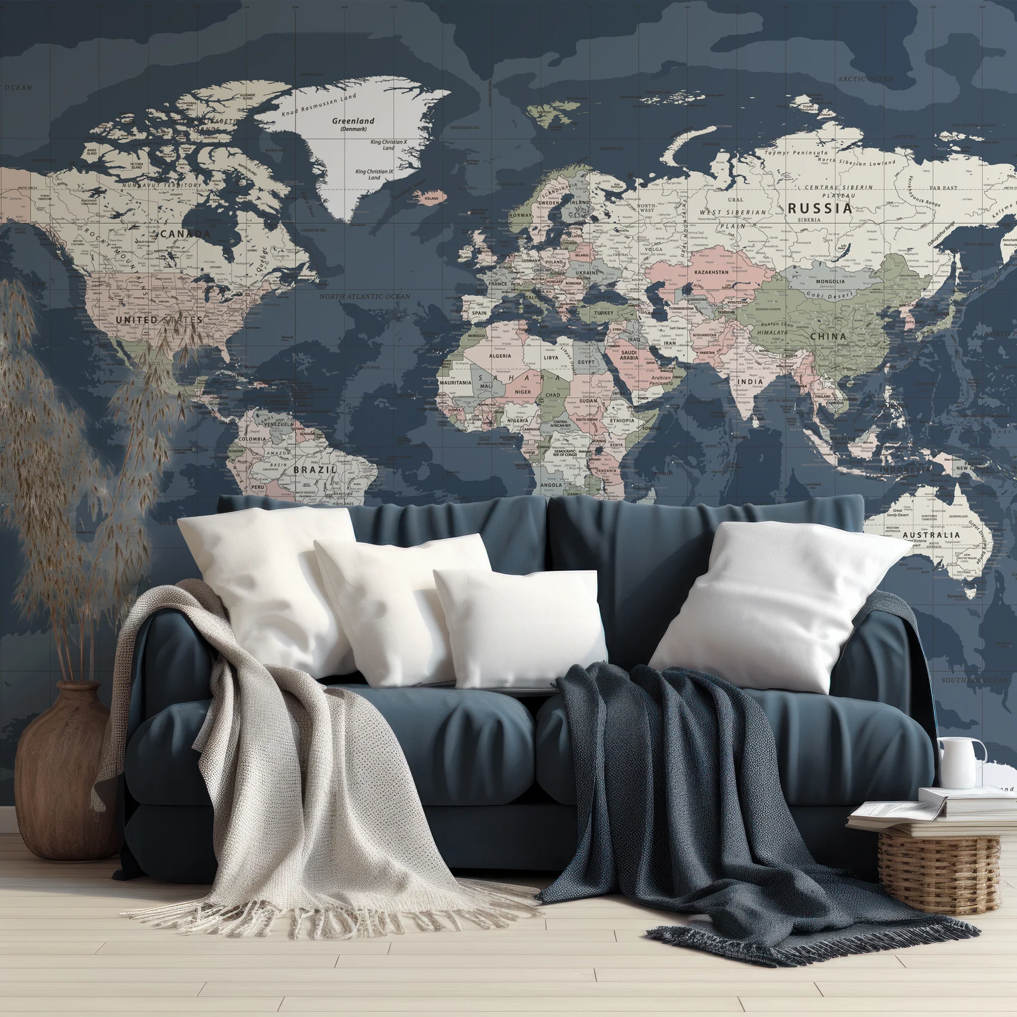Blue World Map Dark - Dark Vintage World Map Wallpaper Mural - Image 3