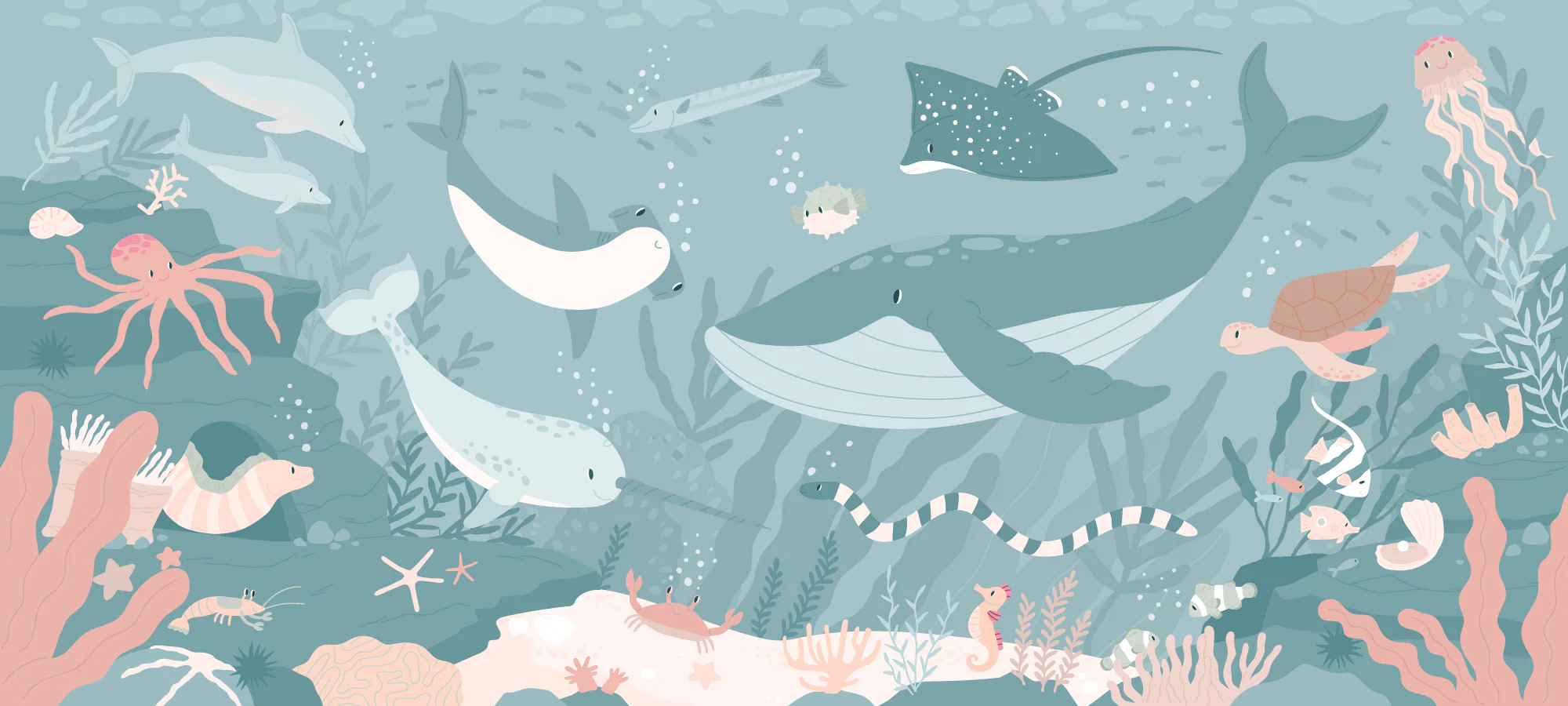 Submerged Fantasia Blush Green - Blush Green Children's Colourful Underwater Sea Life Wallpaper Mural - Image 4