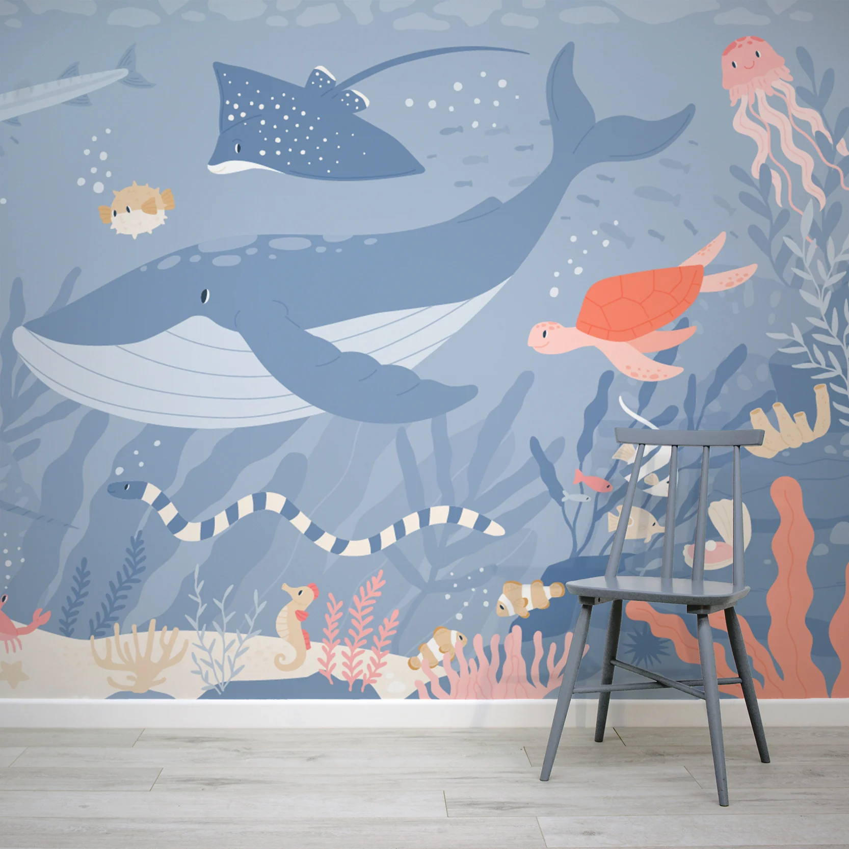 Submerged Fantasia Blue - Children's Blue Underwater Sea Life Wallpaper Mural - Image 3