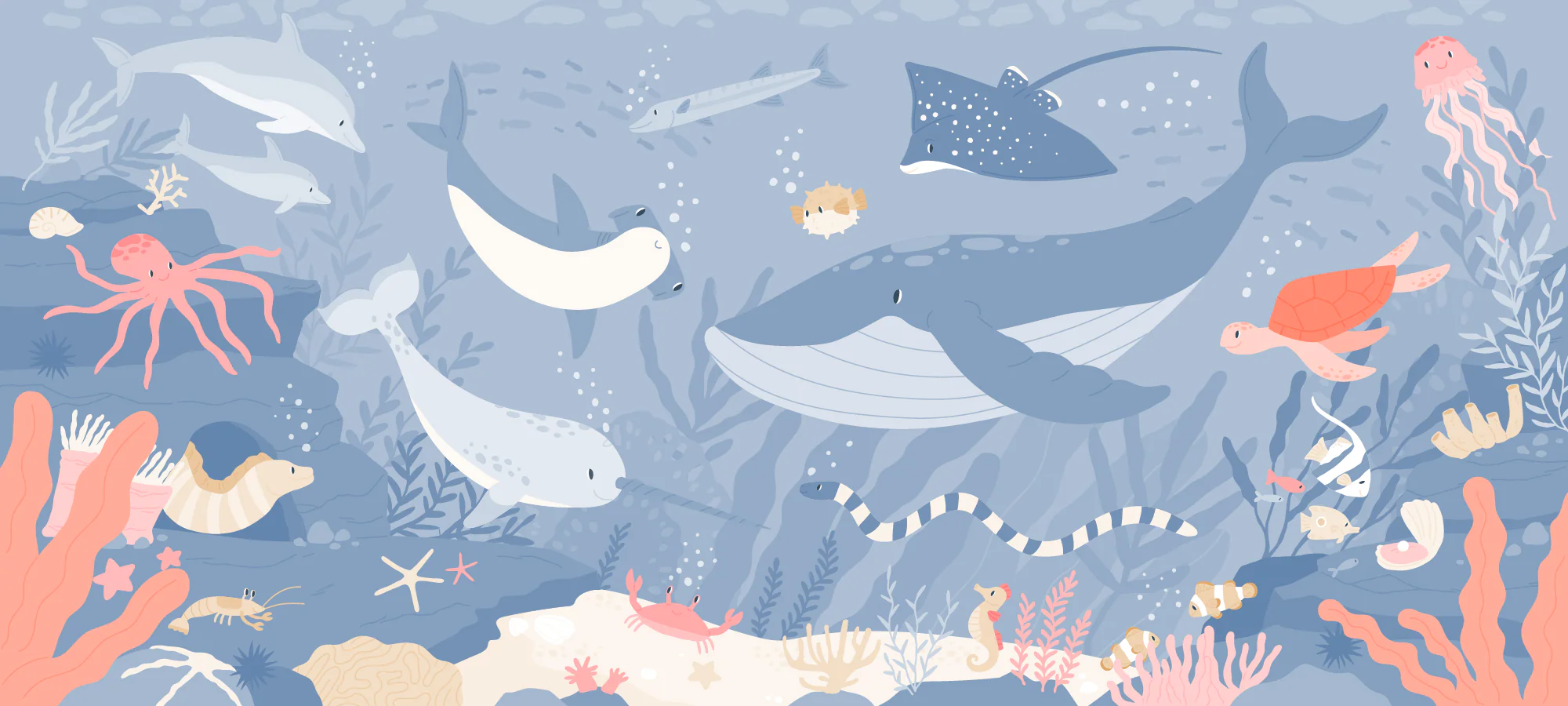 Submerged Fantasia Blue - Children's Blue Underwater Sea Life Wallpaper Mural - Image 6