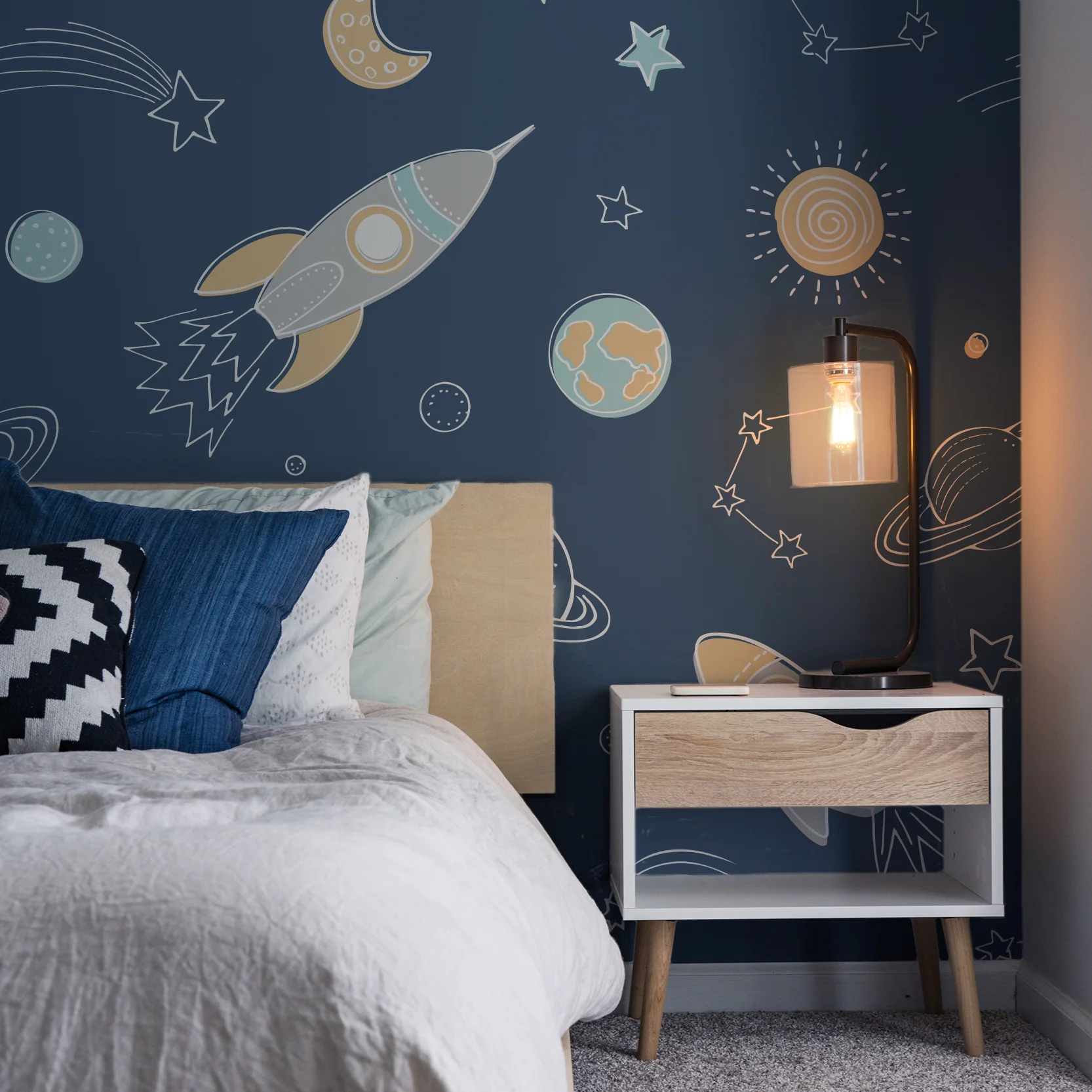 Wrigure Night - Children's Navy Blue Space Wallpaper Mural - Image 3