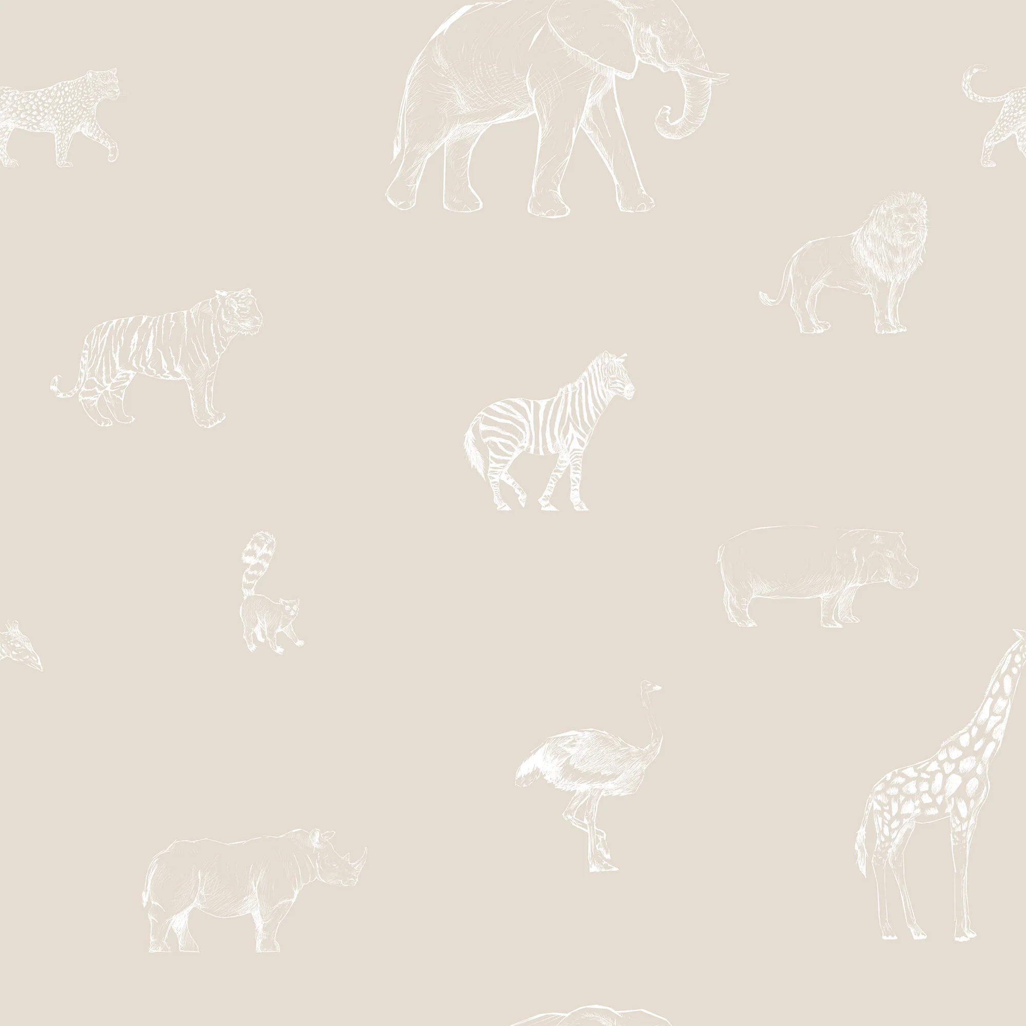 Safari Sketchbook Cream - Cream & White Sketched Safari Animals Wallpaper - Image 3