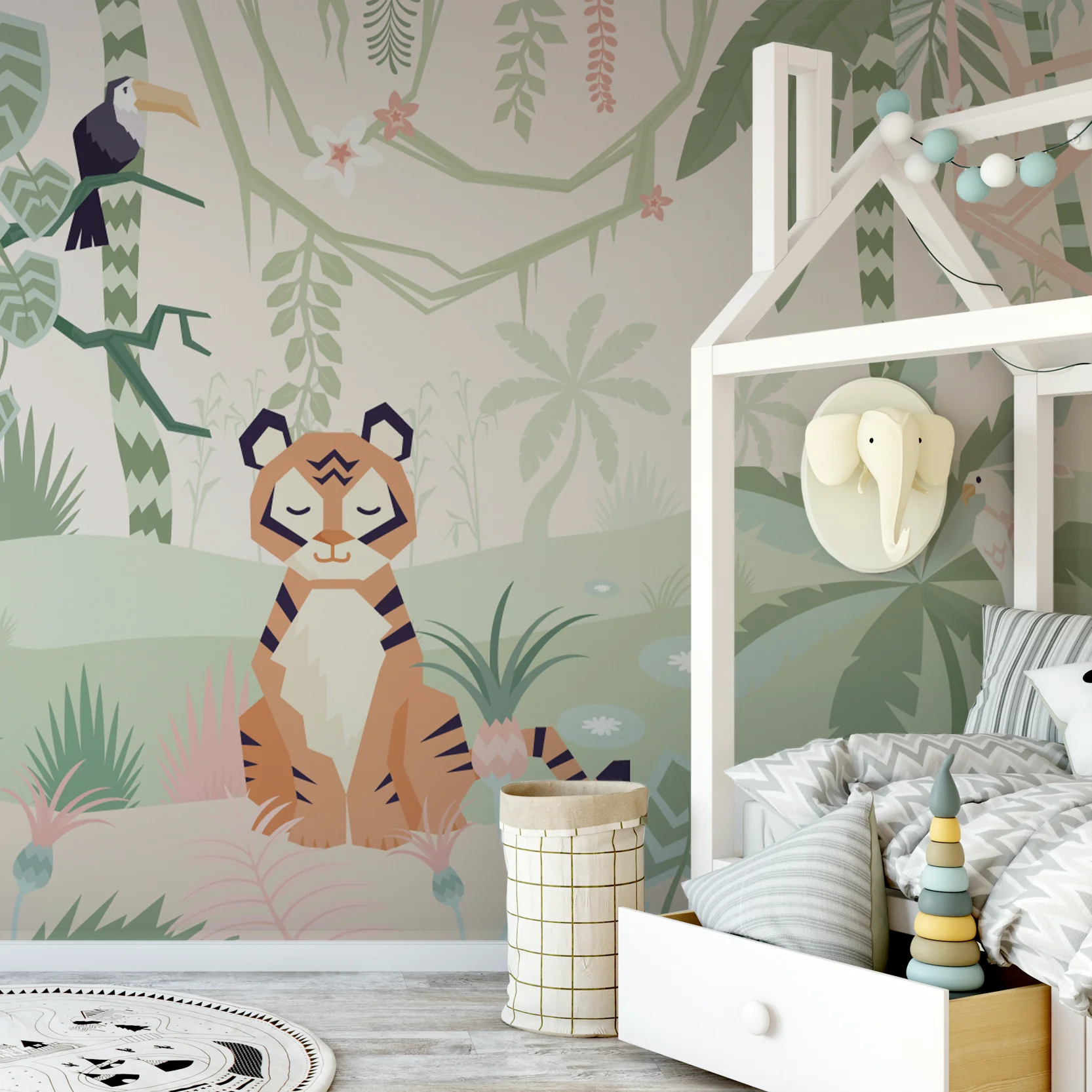 Tiger Pastel Jungle - Cute Cartoon Tiger Jungle Wallpaper Mural - Image 3