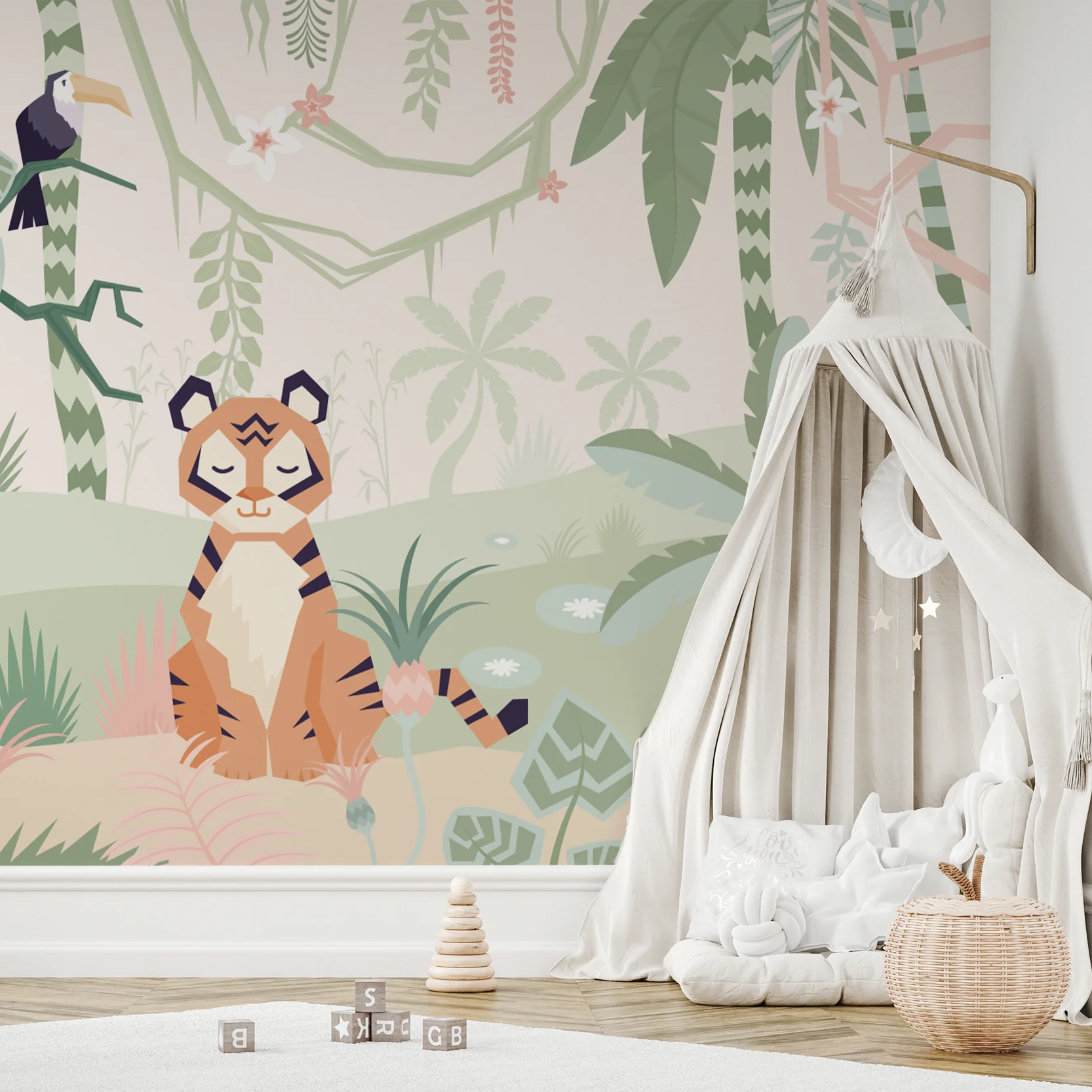 Tiger Pastel Jungle - Cute Cartoon Tiger Jungle Wallpaper Mural - Image 5