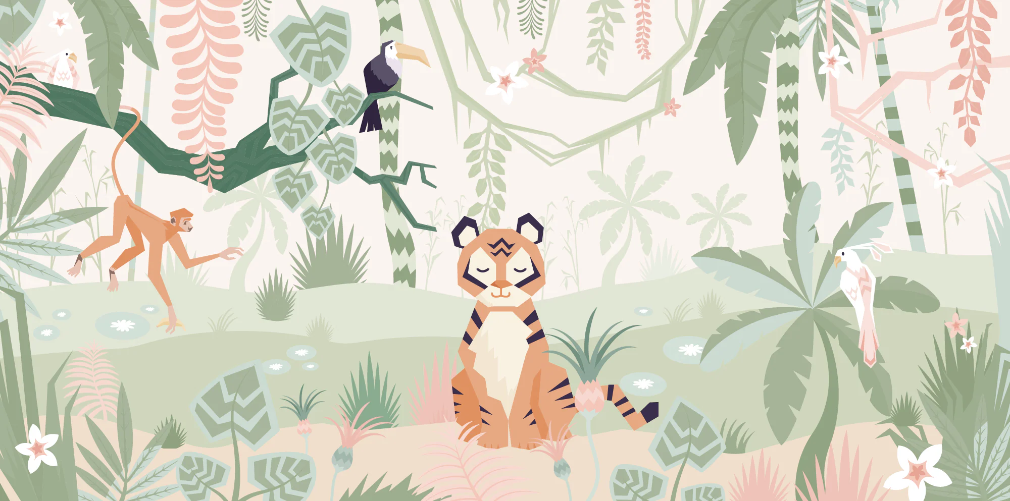 Tiger Pastel Jungle - Cute Cartoon Tiger Jungle Wallpaper Mural - Image 6
