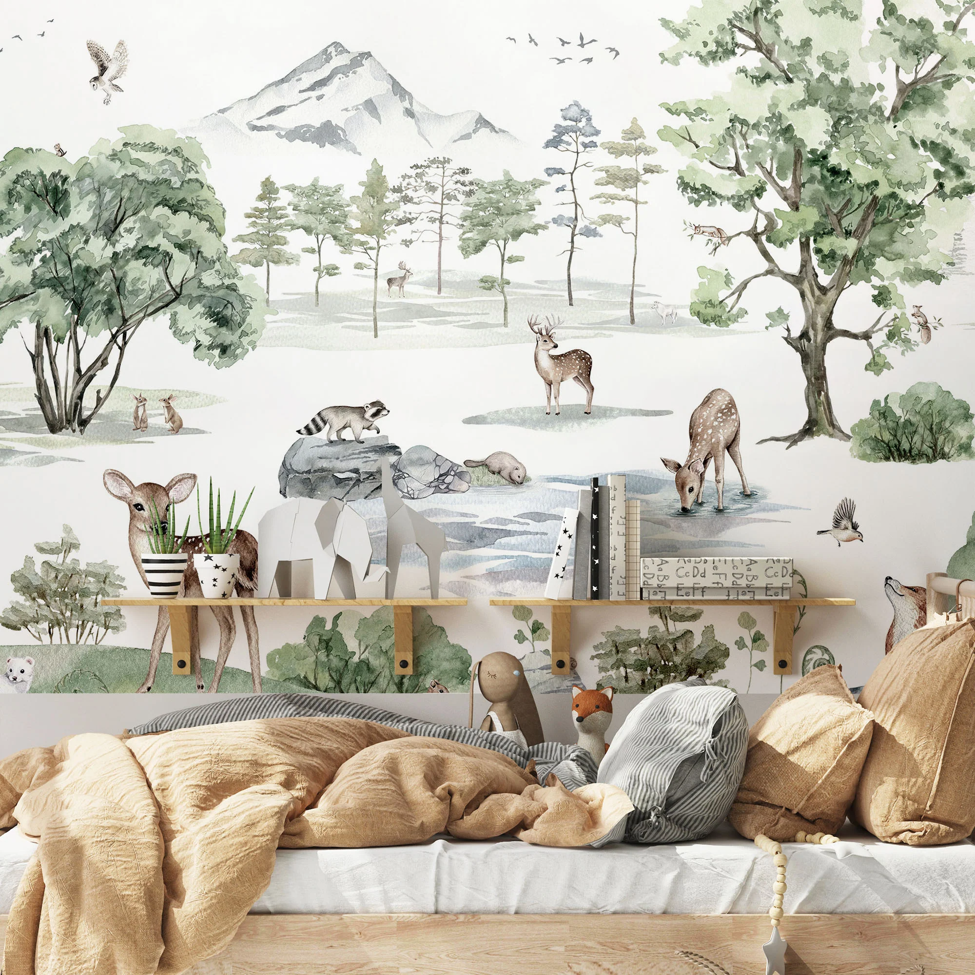 Deer Forest - Woodland Animals and Trees Watercolour Illustration Wallpaper Mural - Image 3