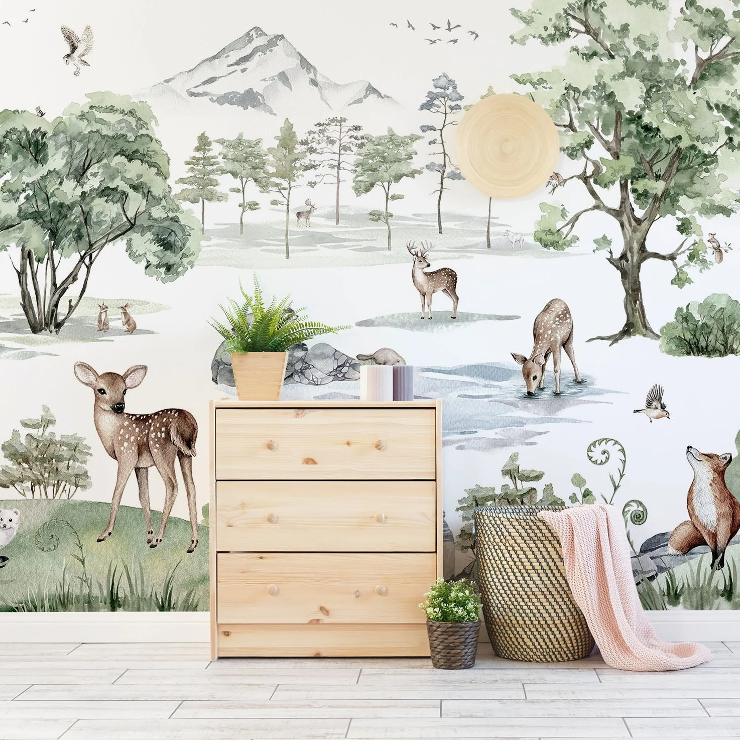 Deer Forest - Woodland Animals and Trees Watercolour Illustration Wallpaper Mural - Image 4