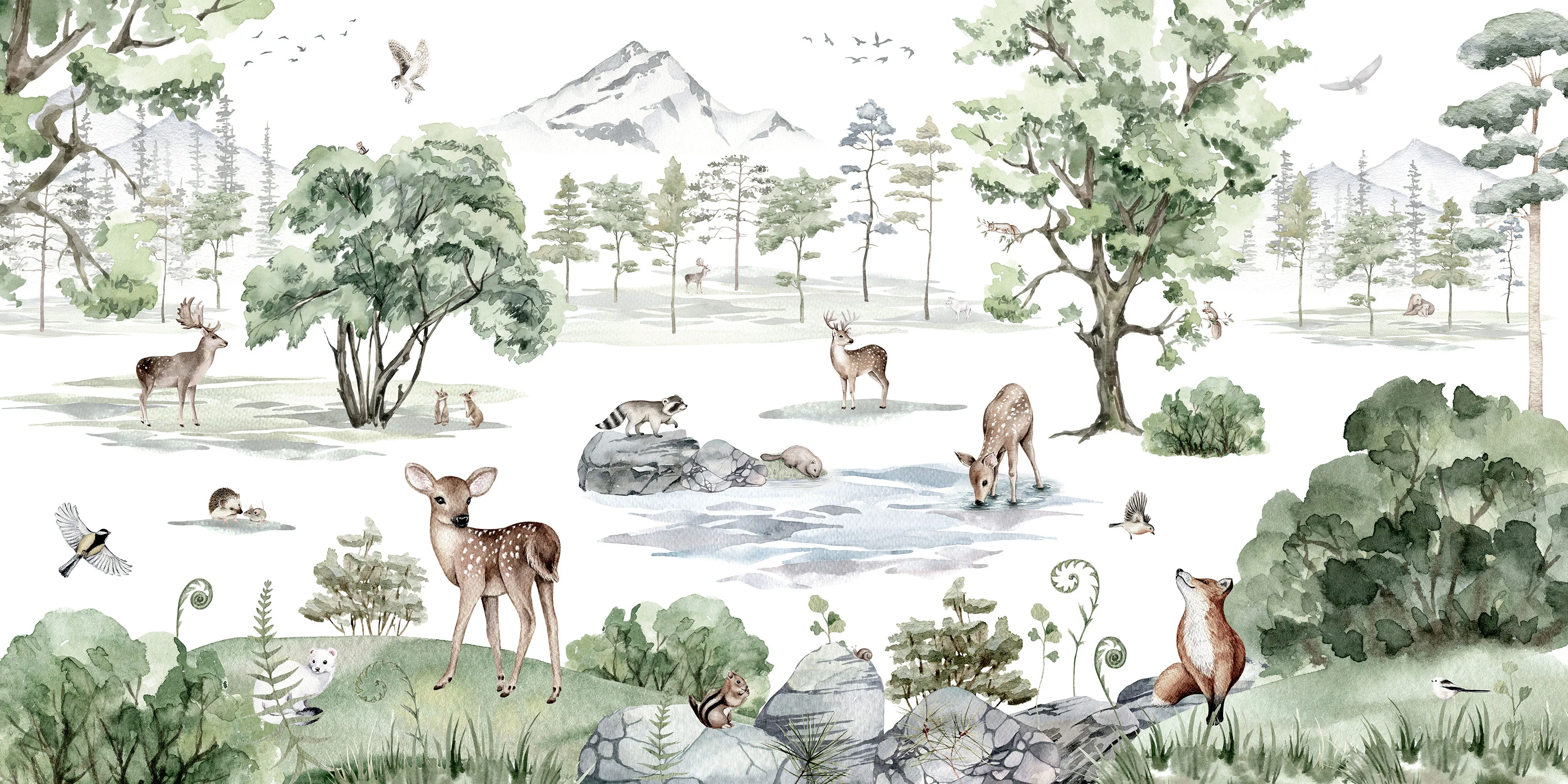 Deer Forest - Woodland Animals and Trees Watercolour Illustration Wallpaper Mural - Image 5