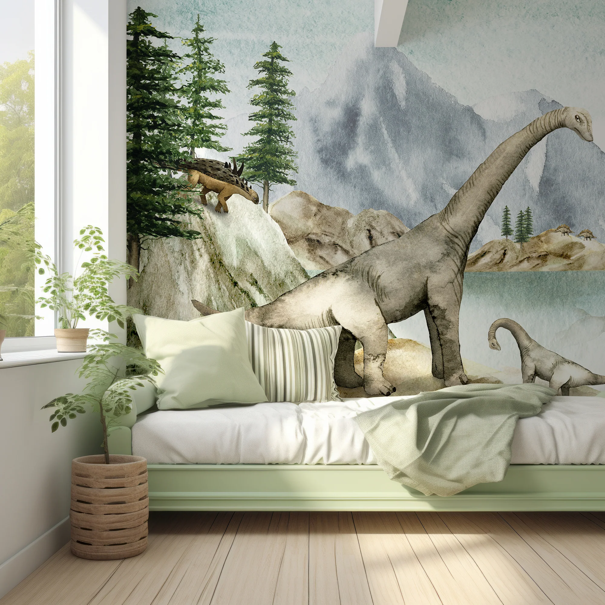 Dino - Children's Watercolour Dinosaur Scene Wallpaper Mural - Image 3