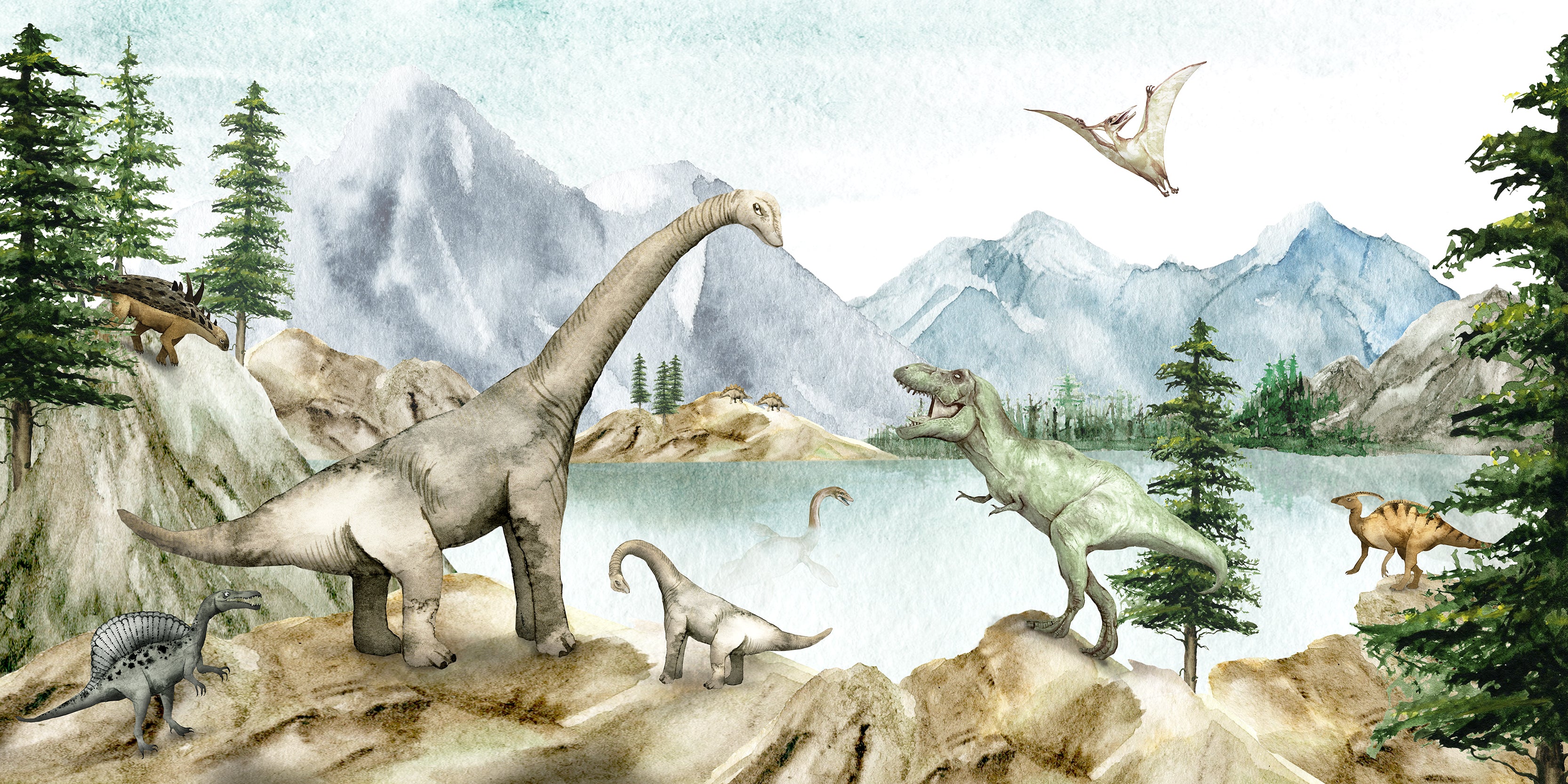 Dino - Children's Watercolour Dinosaur Scene Wallpaper Mural - Image 4