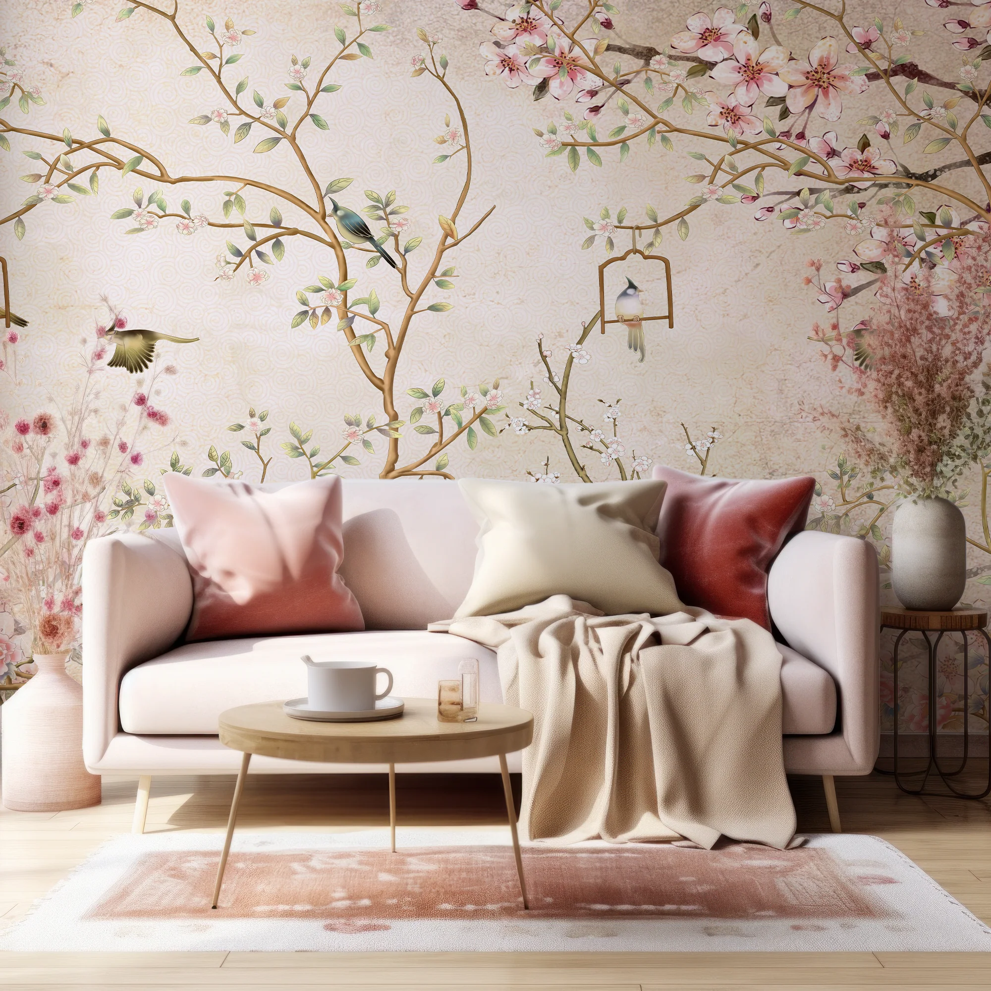 Chisine Rose Gold - Gold & Pink Chinoiserie Branches & Birds Wallpaper Mural - Image 3