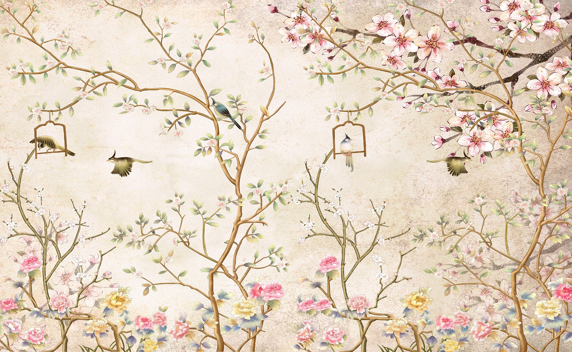 Chisine Rose Gold - Gold & Pink Chinoiserie Branches & Birds Wallpaper Mural - Image 4