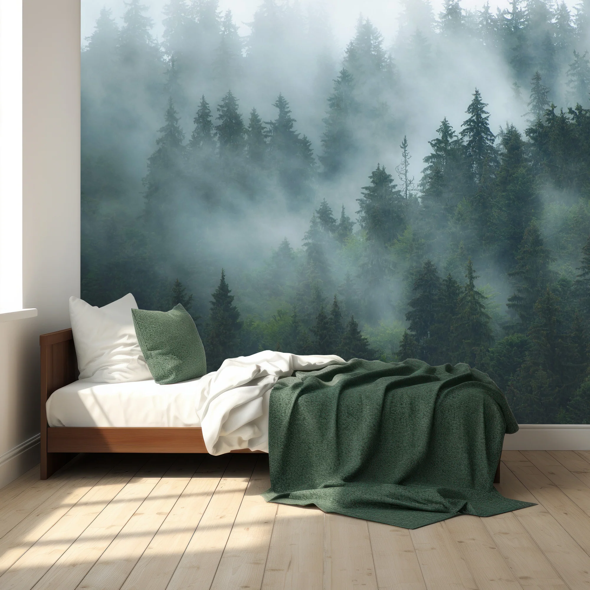 Mist - Green Misty Forest Scandinavian Wallpaper Mural - Image 3