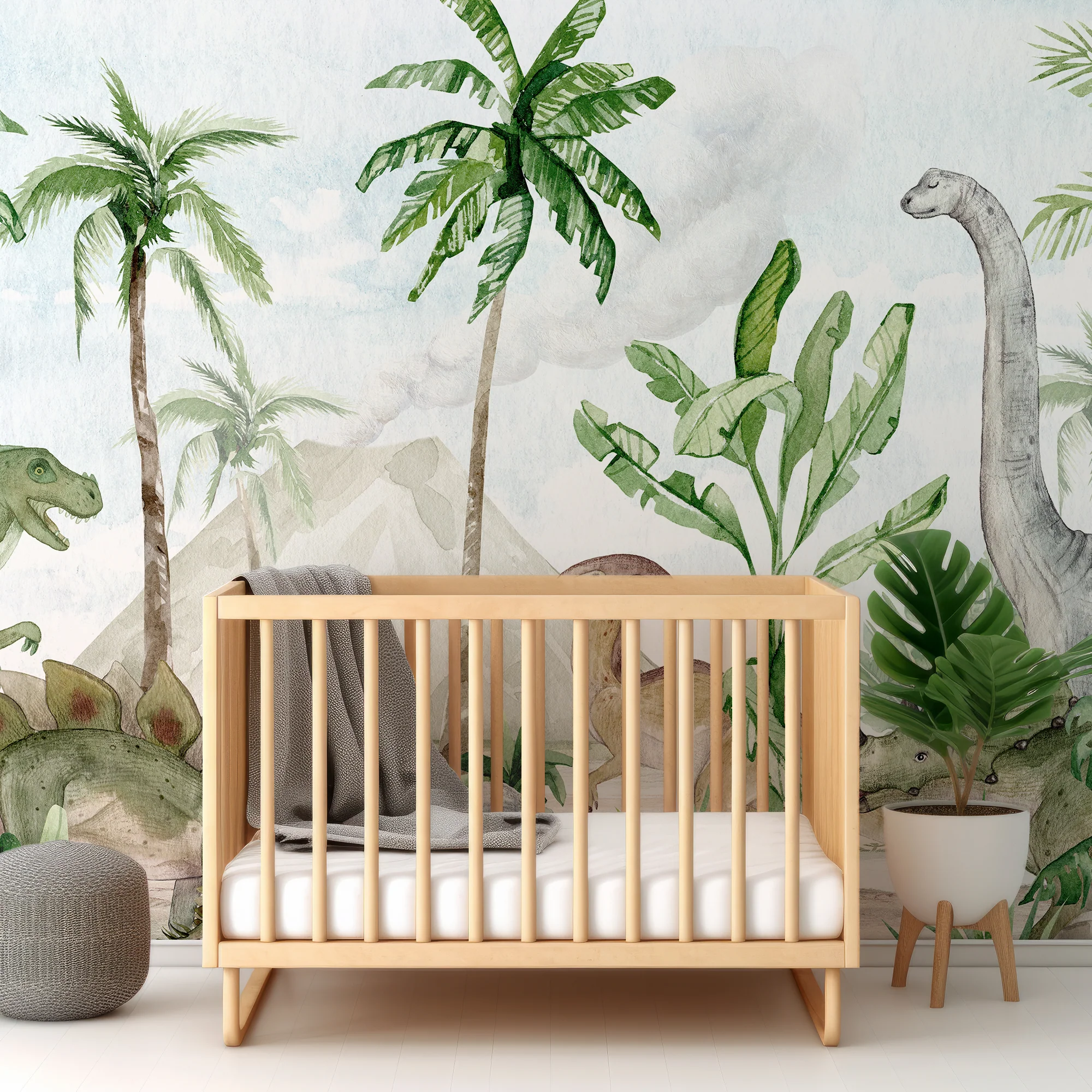 Dino Joy -  Green Watercolour Dinosaur & Trees Wallpaper Mural - Image 3