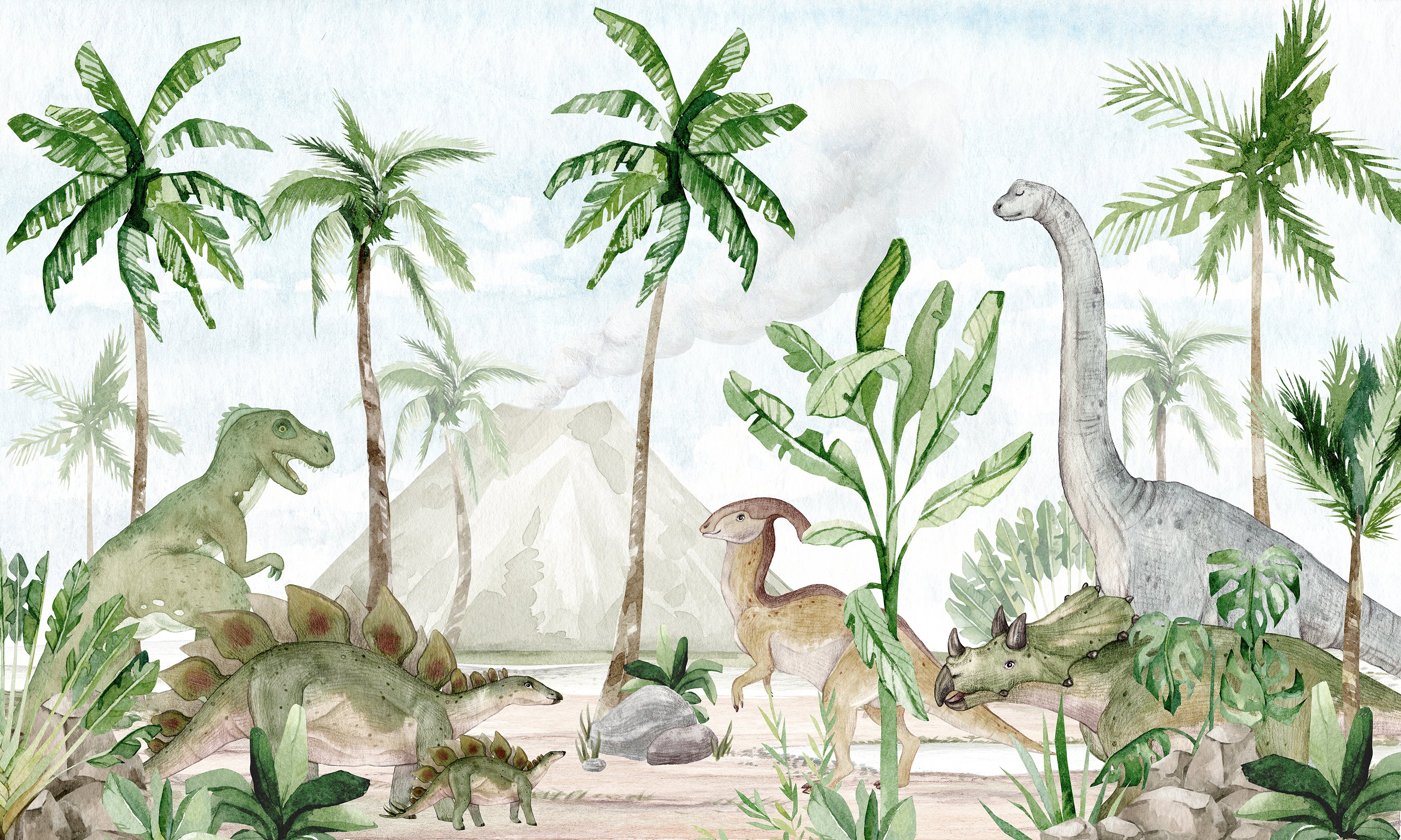 Dino Joy -  Green Watercolour Dinosaur & Trees Wallpaper Mural - Image 4