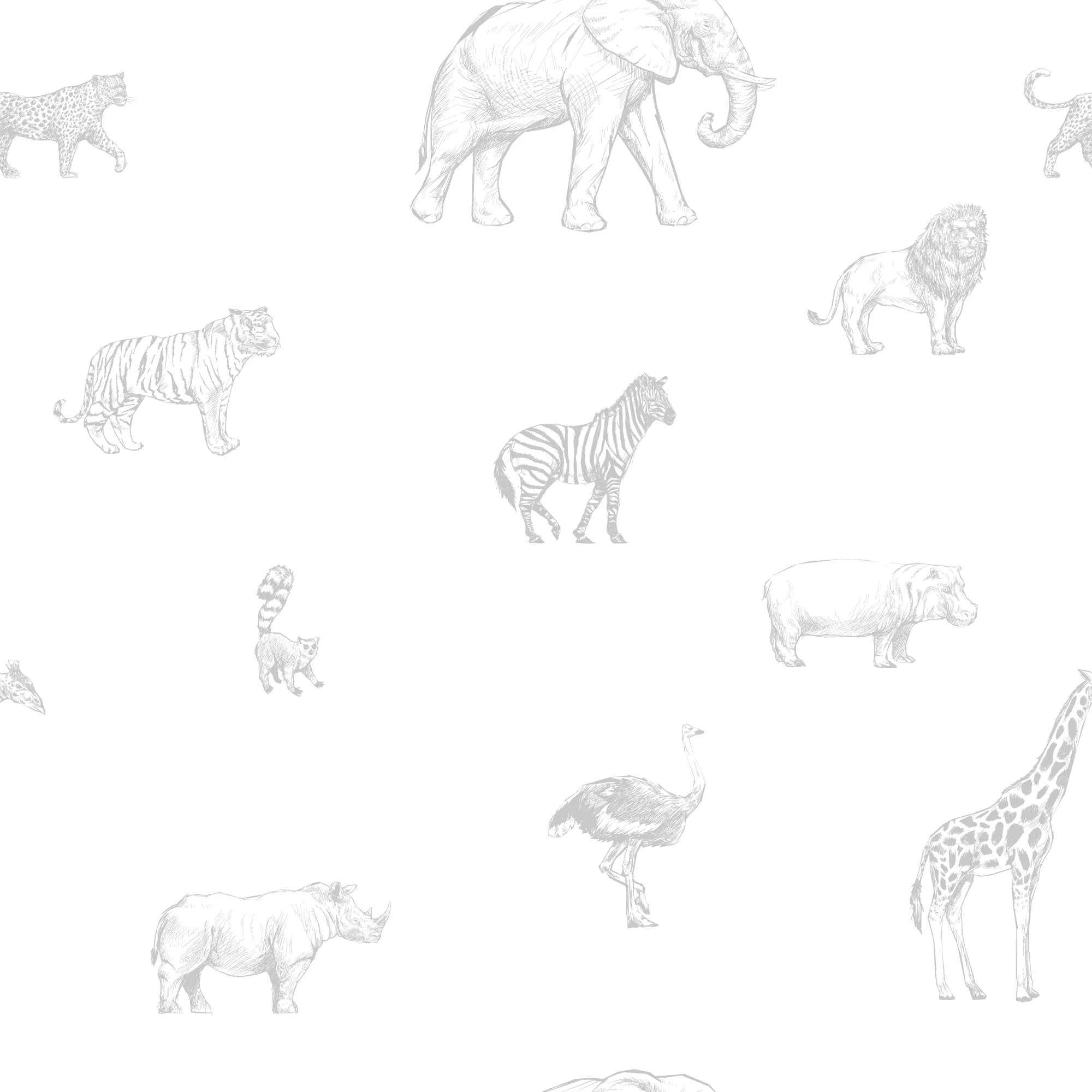 Safari Sketchbook Kijivu - Grey & White Sketched Safari Animals Wallpaper - Image 5