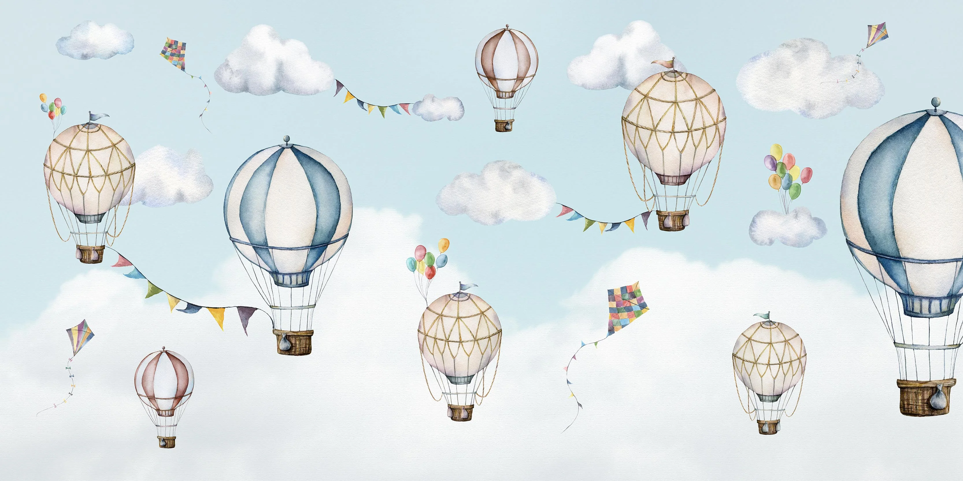 Balloons - Hot Air Balloons Children's Watercolour Sky Scene Wallpaper Mural - Image 3