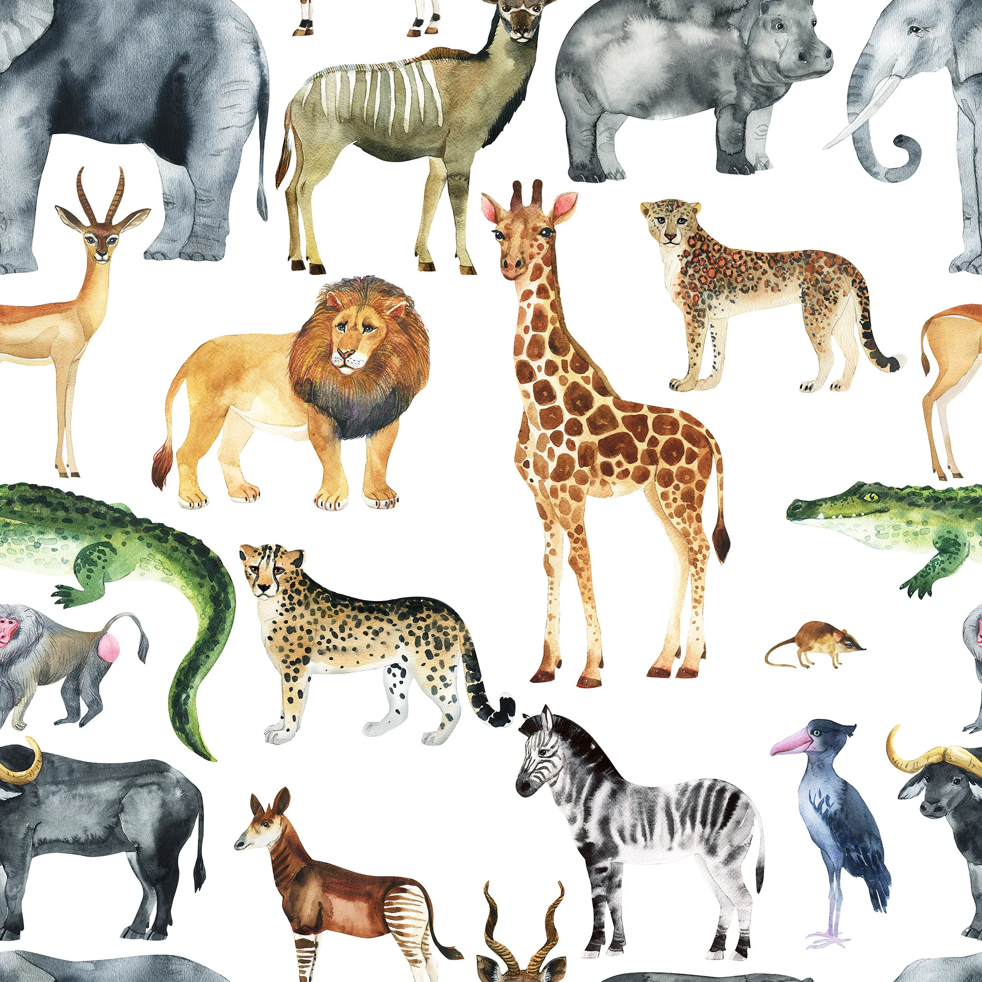 Mini Safari - Colourful Watercolour Elephant and Giraffe Illustration Wallpaper Mural - Image 3