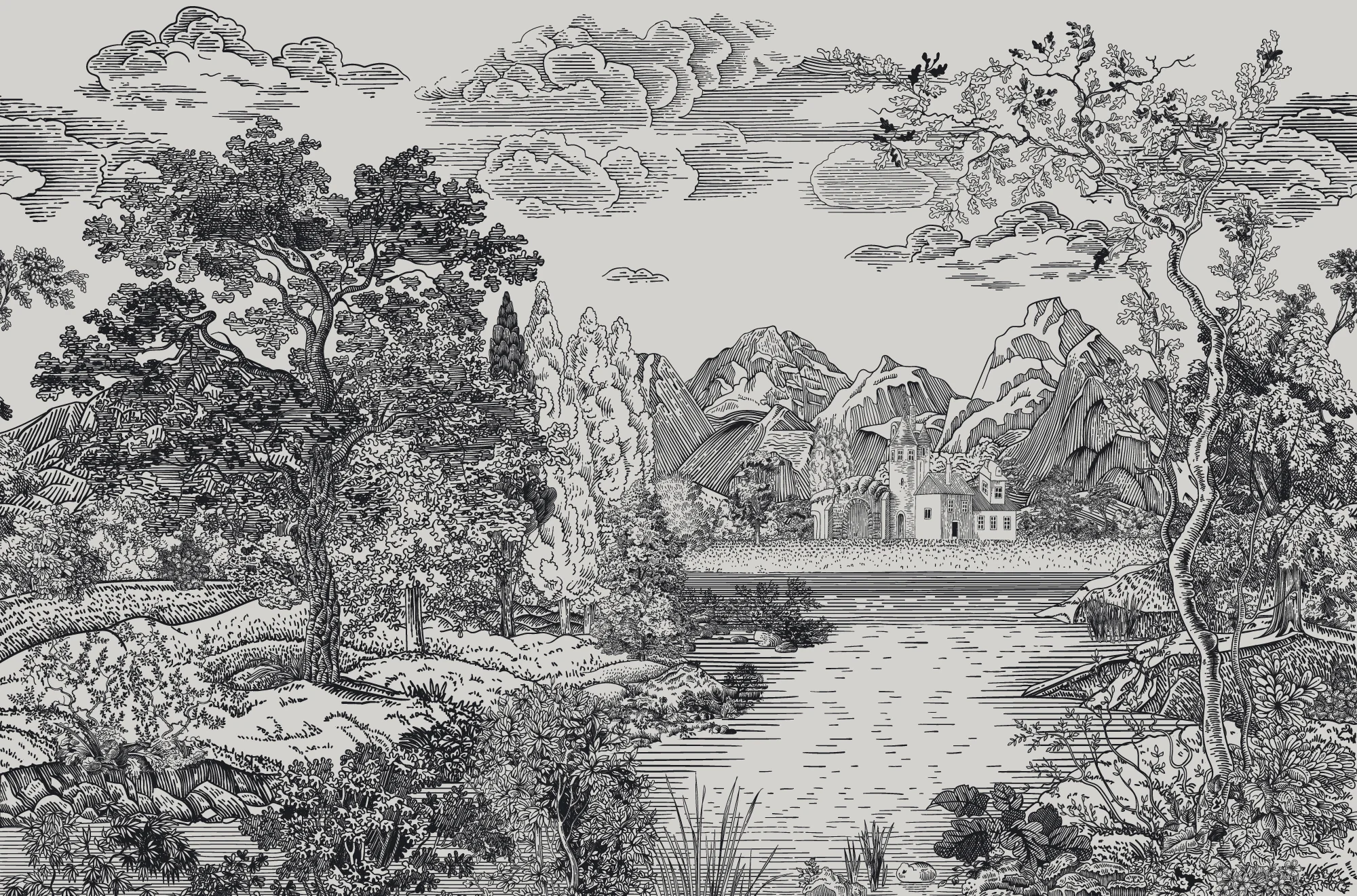 Castle Glade Mono -  Black & White Castle By The Lake Wallpaper Mural - Image 3