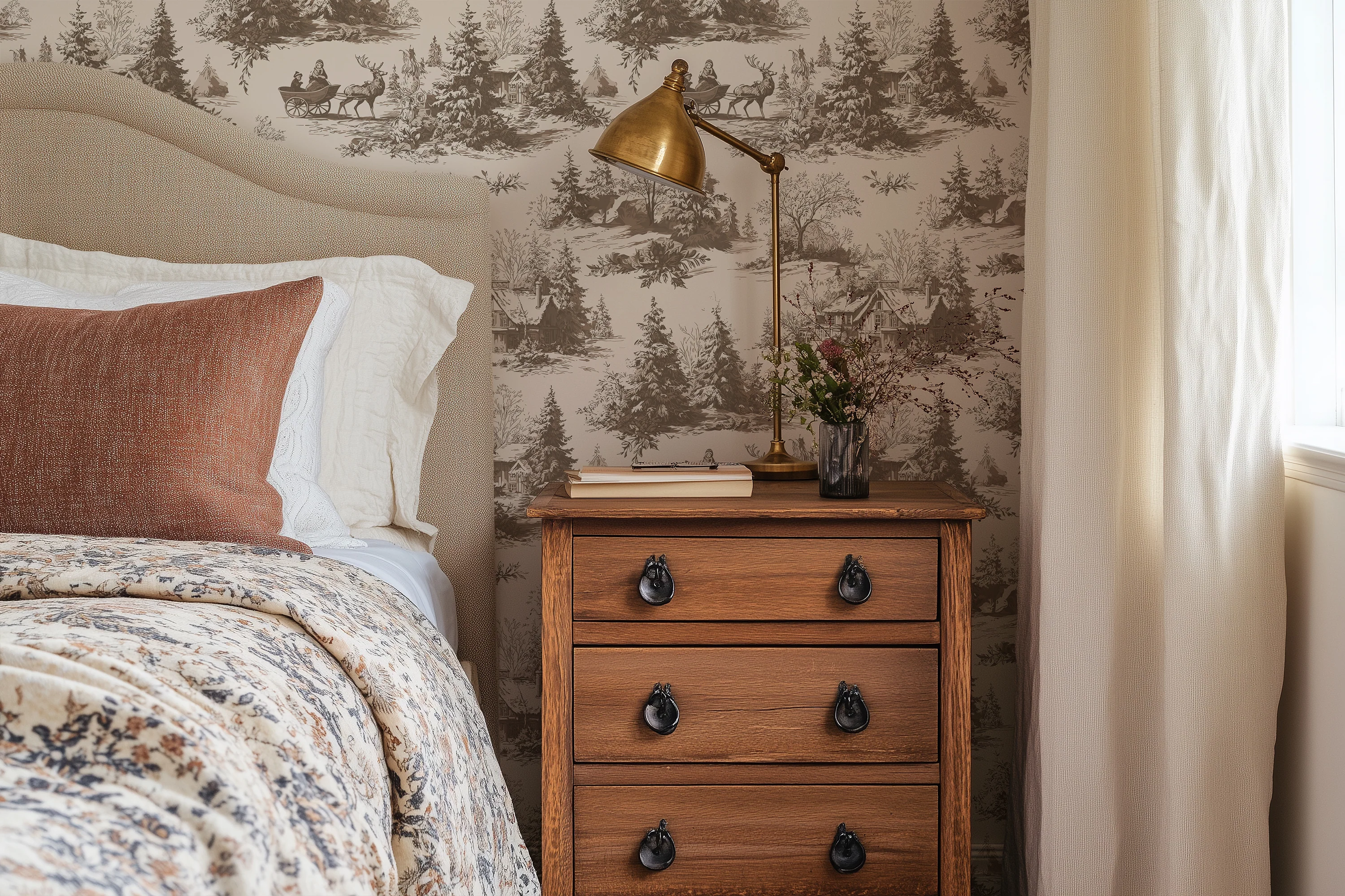Natalie - Elegant Brown Scenic Winter Woodland Cottage Art Pattern Wallpaper Mural - Image 3