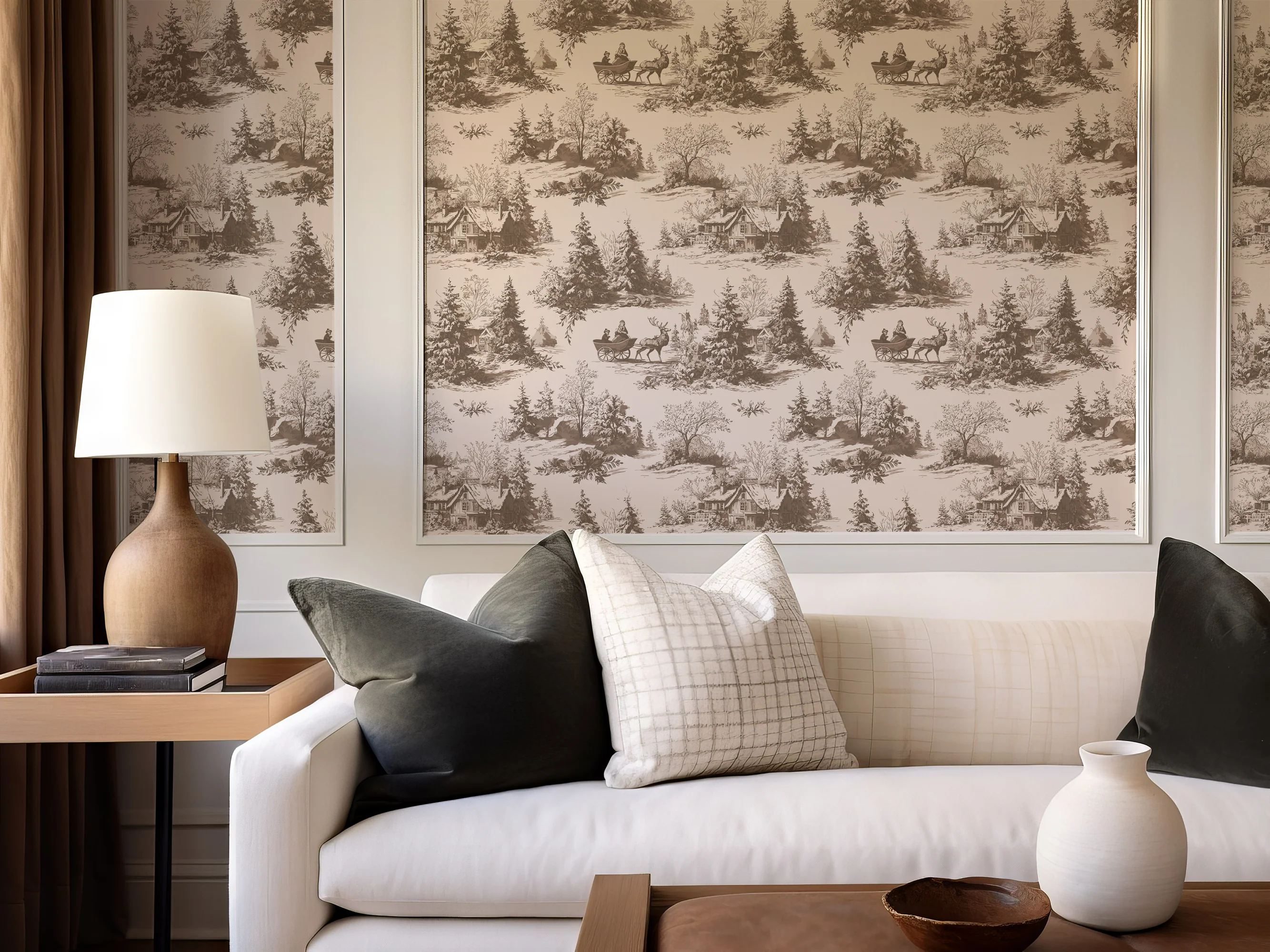 Natalie - Elegant Brown Scenic Winter Woodland Cottage Art Pattern Wallpaper Mural - Image 4