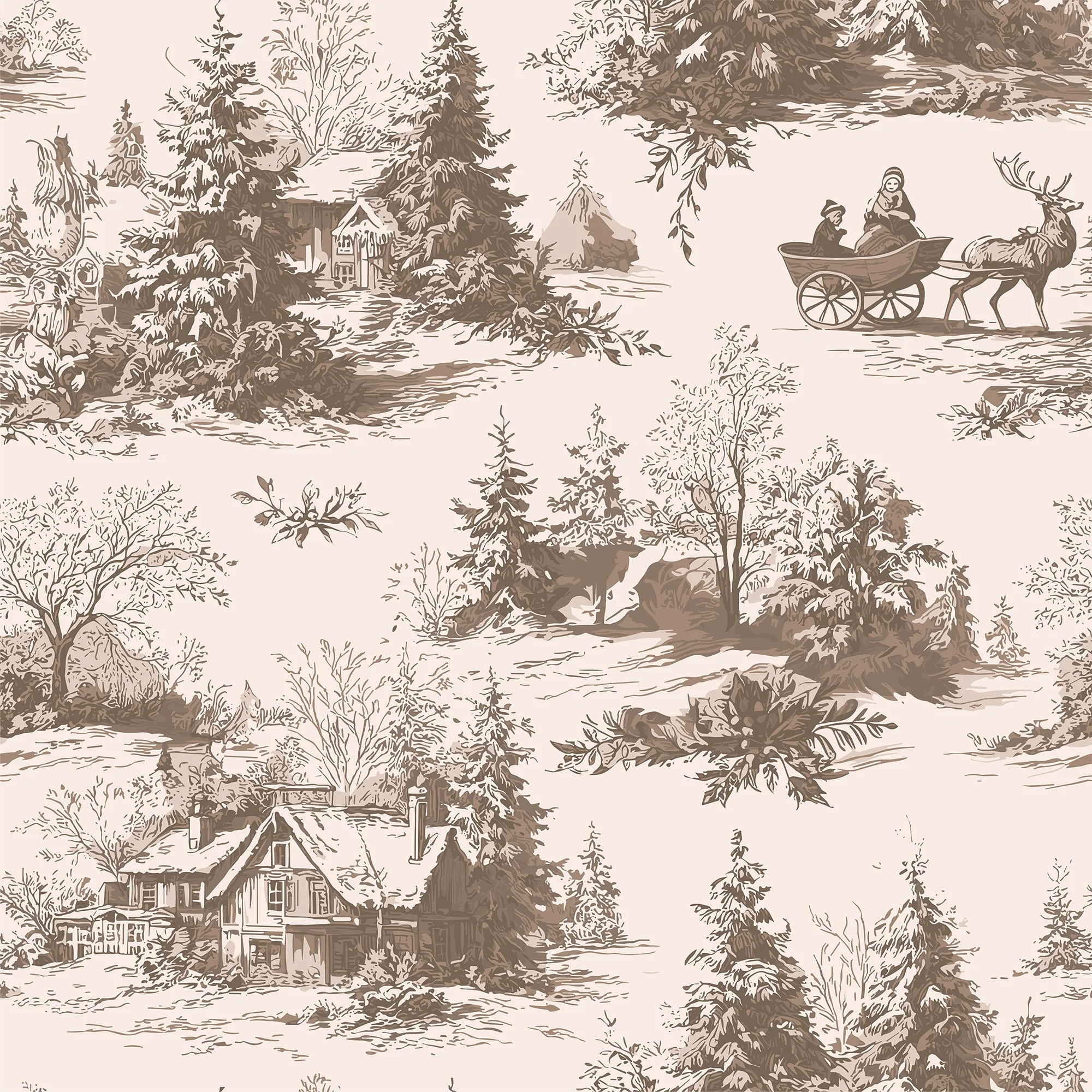 Natalie - Elegant Brown Scenic Winter Woodland Cottage Art Pattern Wallpaper Mural - Image 6