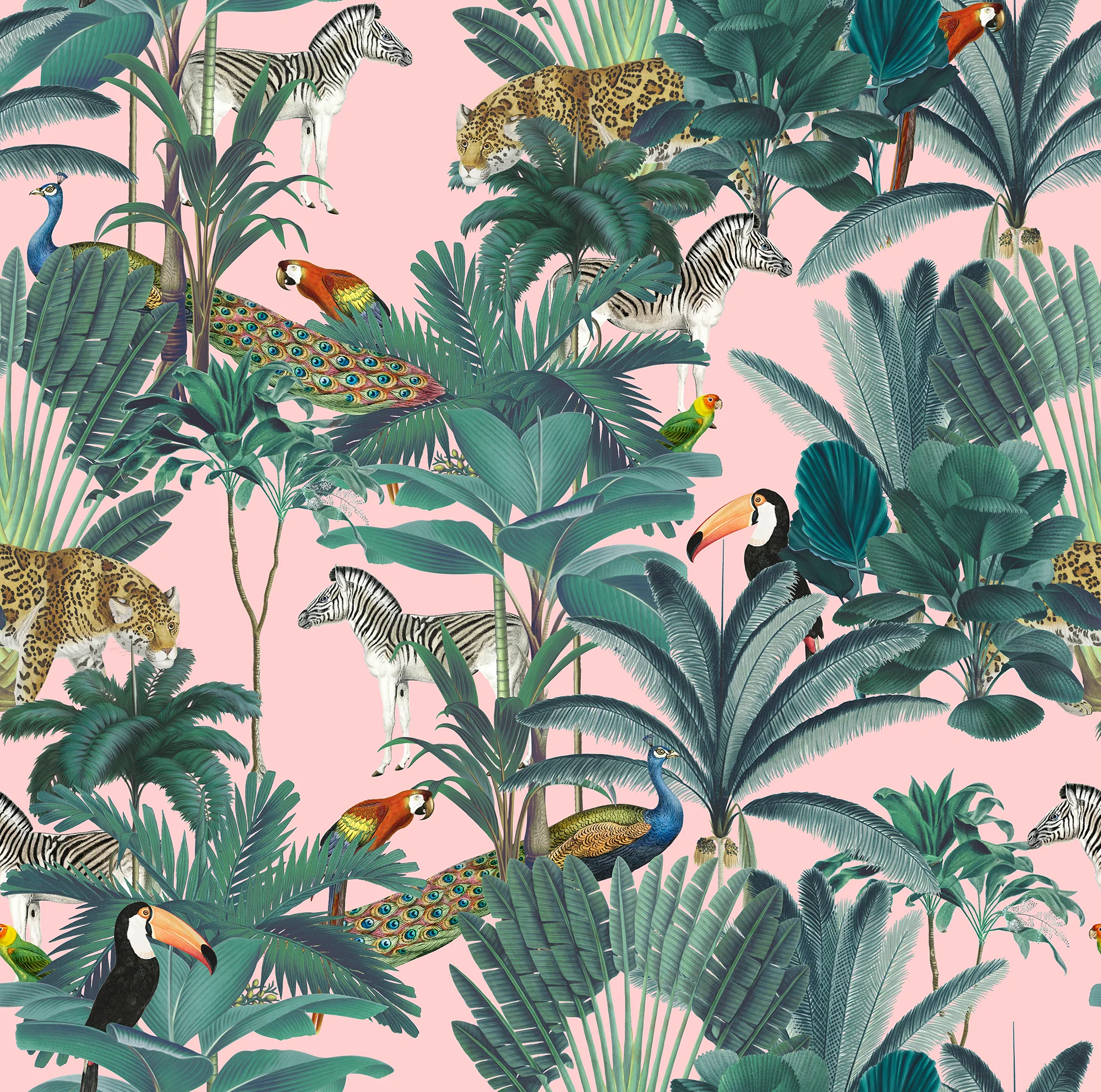Paradise Garden Pink - Green & Pink Bold Tropical Jungle Pattern Wallpaper Mural - Image 3
