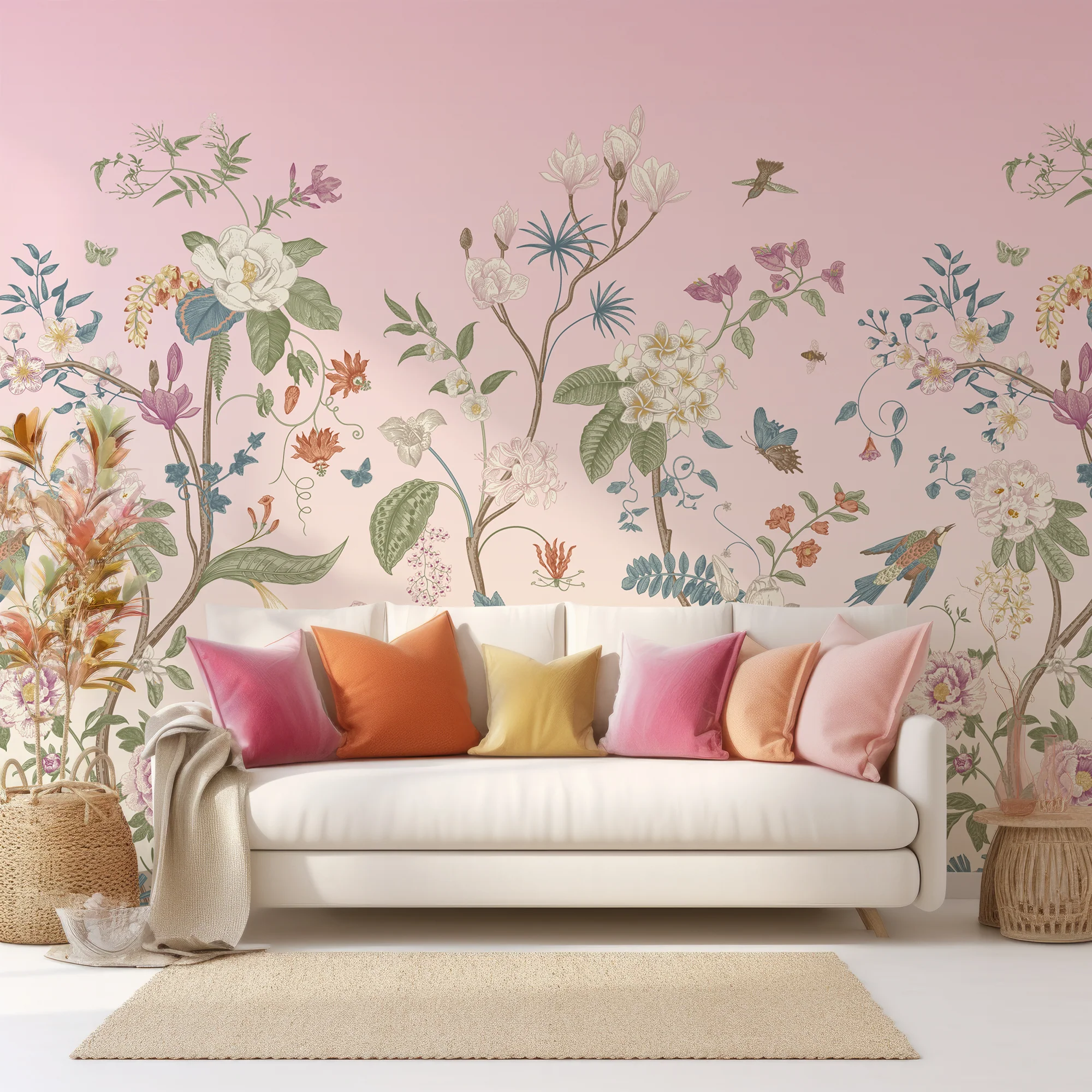 Lily Lane Orchard Pink - Pink Botanical Victorian Plants, Florals & Birds Wallpaper Mural - Image 3