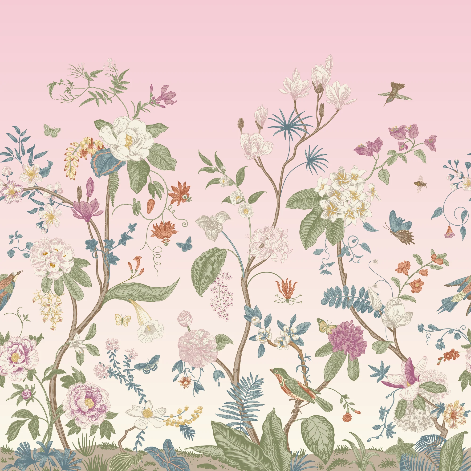 Lily Lane Orchard Pink - Pink Botanical Victorian Plants, Florals & Birds Wallpaper Mural - Image 4