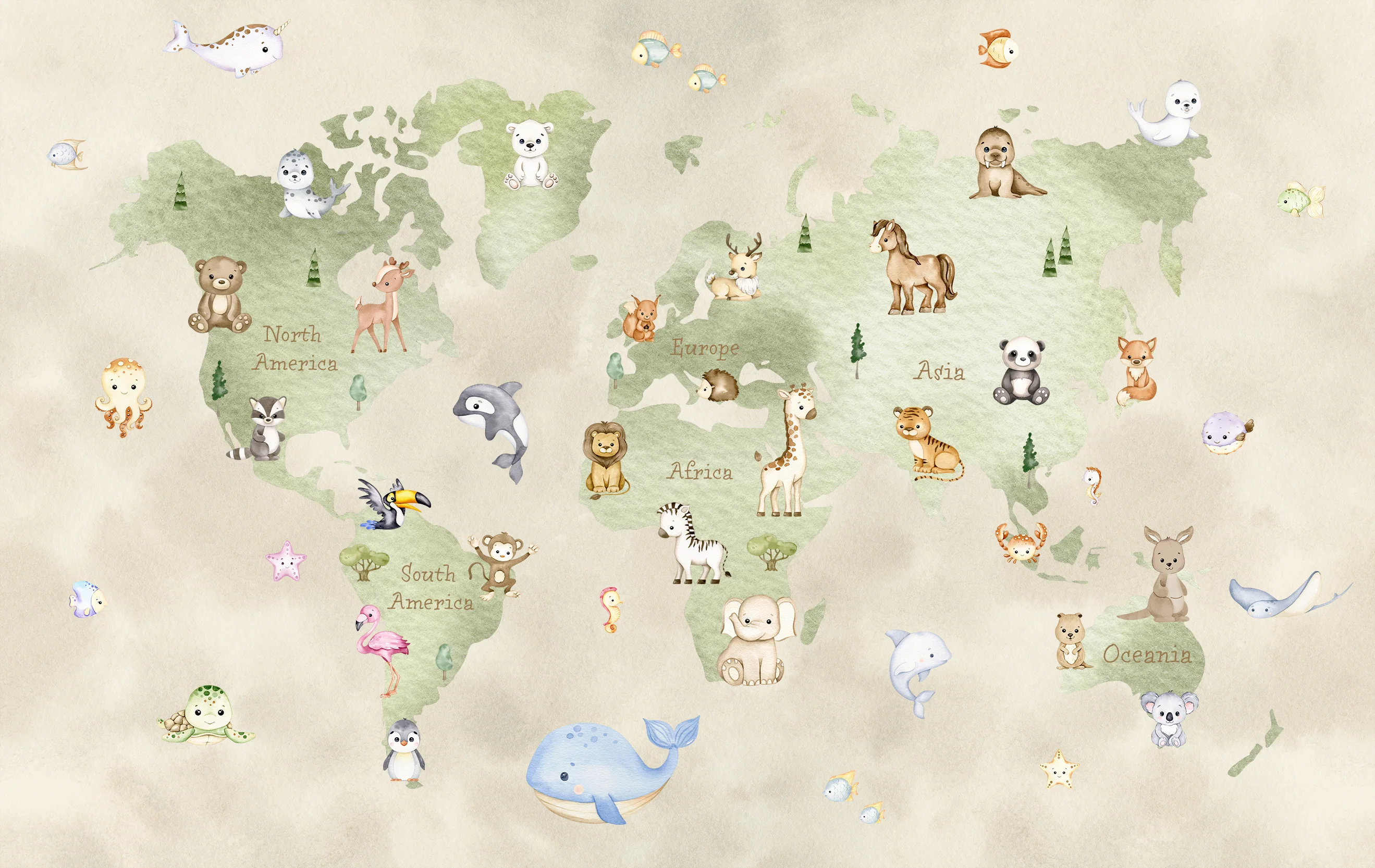 Small World - Cute Watercolour Children's Map Wallpaper Mural - Image 4
