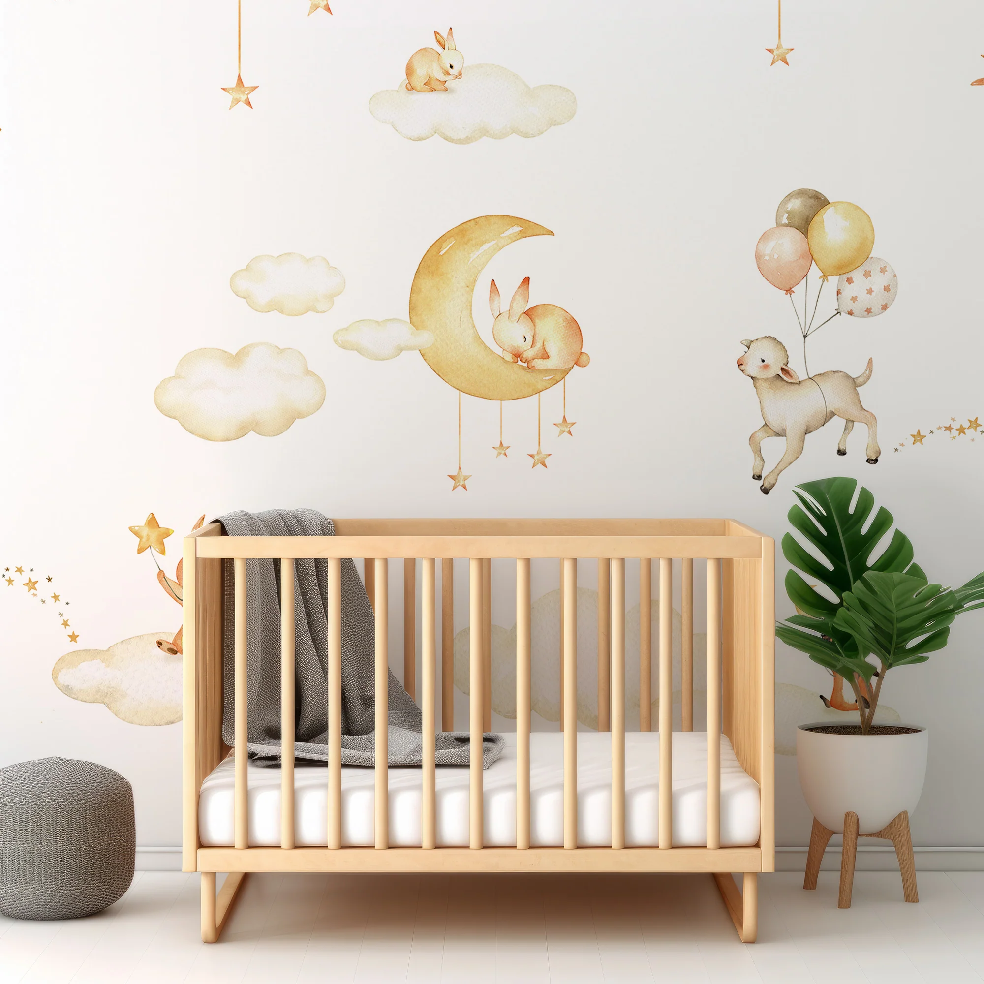 Sweet Dreams White - White & Gold Sky Bedtime Animals Illustration Wallpaper Mural - Image 3