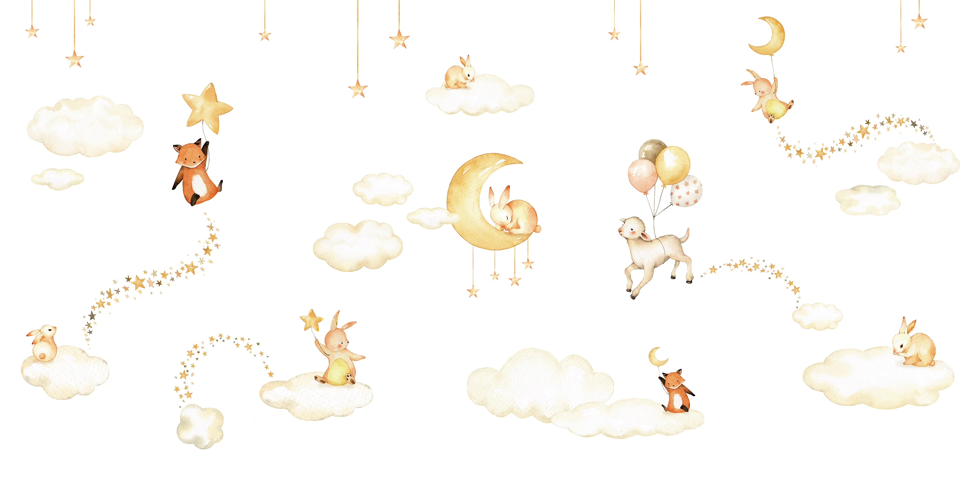 Sweet Dreams White - White & Gold Sky Bedtime Animals Illustration Wallpaper Mural - Image 4