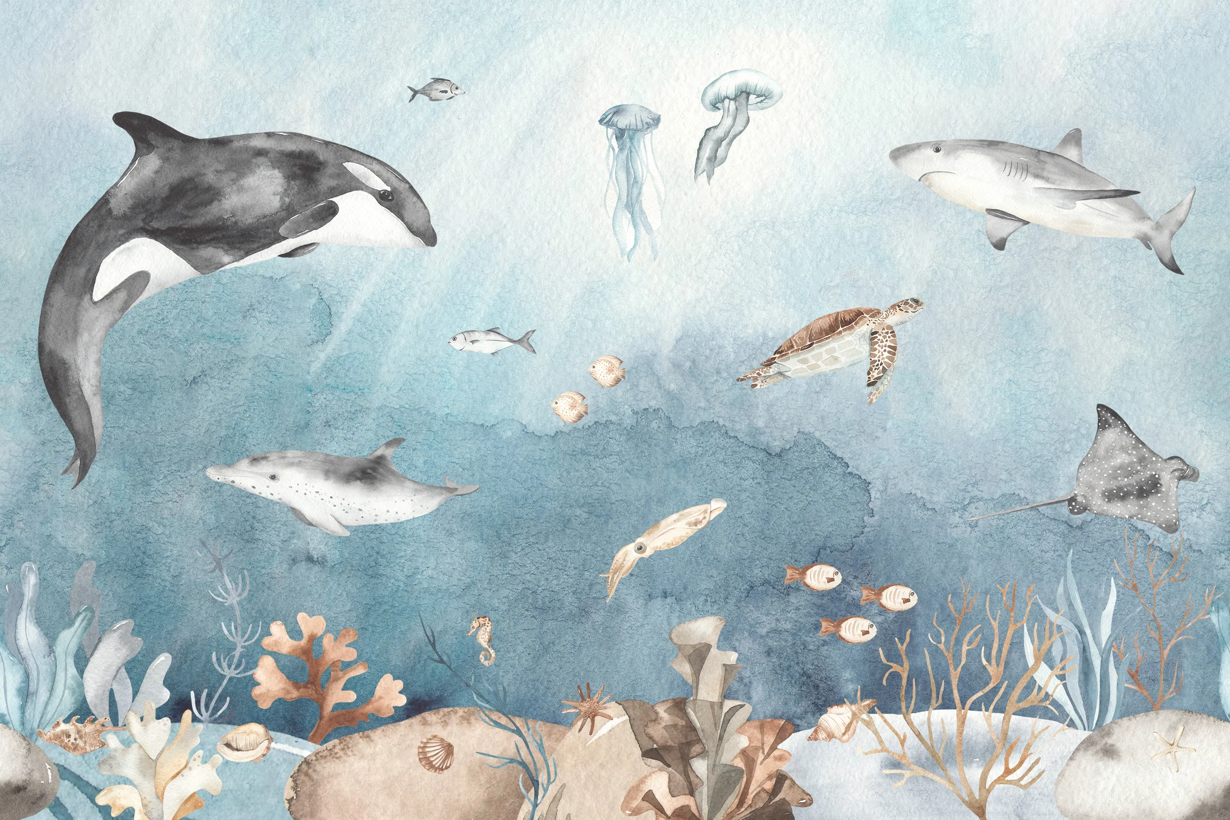 Underwater Fun - Watercolour Underwater Animals and Fish Children's Wallpaper Mural - Image 4